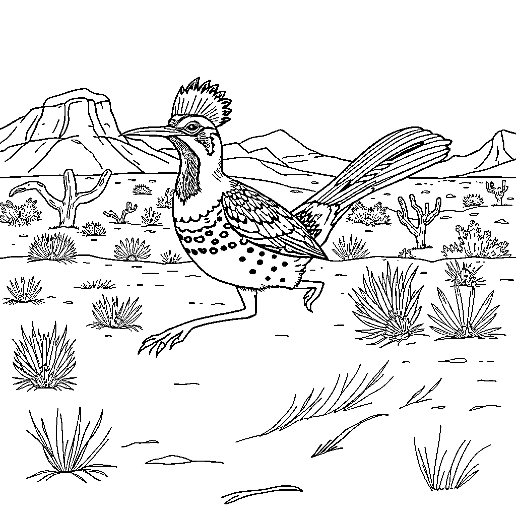 Greater Roadrunner running through desert landscape Coloring Page (free black-and-white line drawing printable PDF for all, from beginners to advanced learners, including children, teens, adults, and seniors)