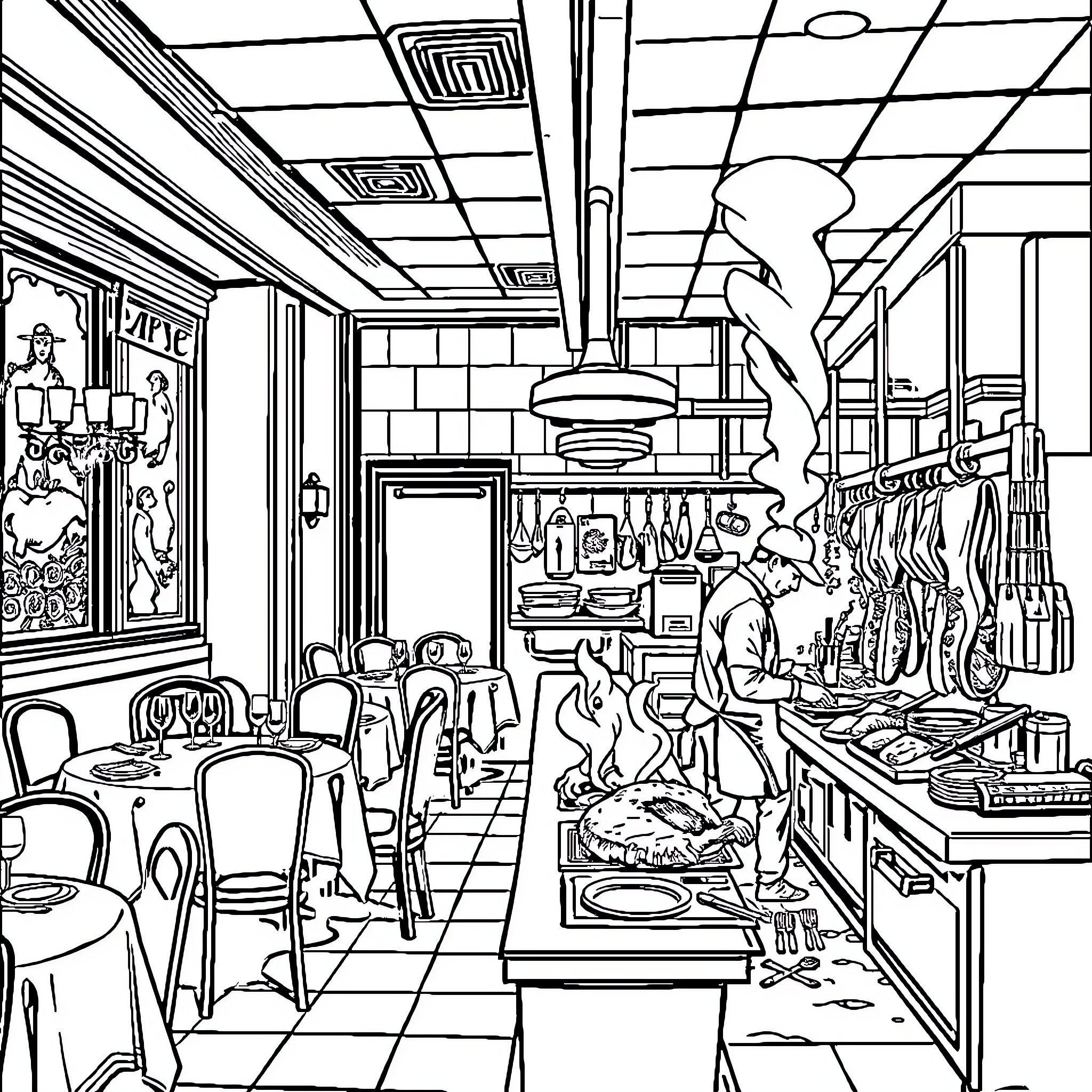 Restaurant kitchen with busy staff and patrons Coloring Page (free black-and-white line drawing printable PDF for all, from beginners to advanced learners, including children, teens, adults, and seniors)