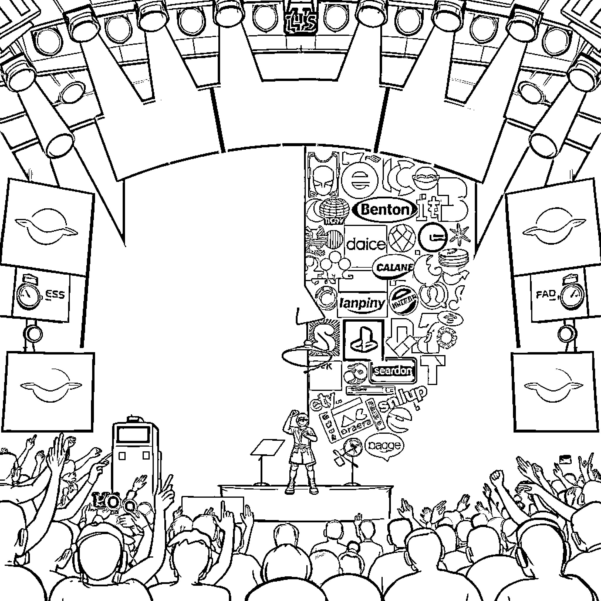 K Pop Stage with Performers and Crowd Coloring Page (free black-and-white line drawing printable PDF for all, from beginners to advanced learners, including children, teens, adults, and seniors)