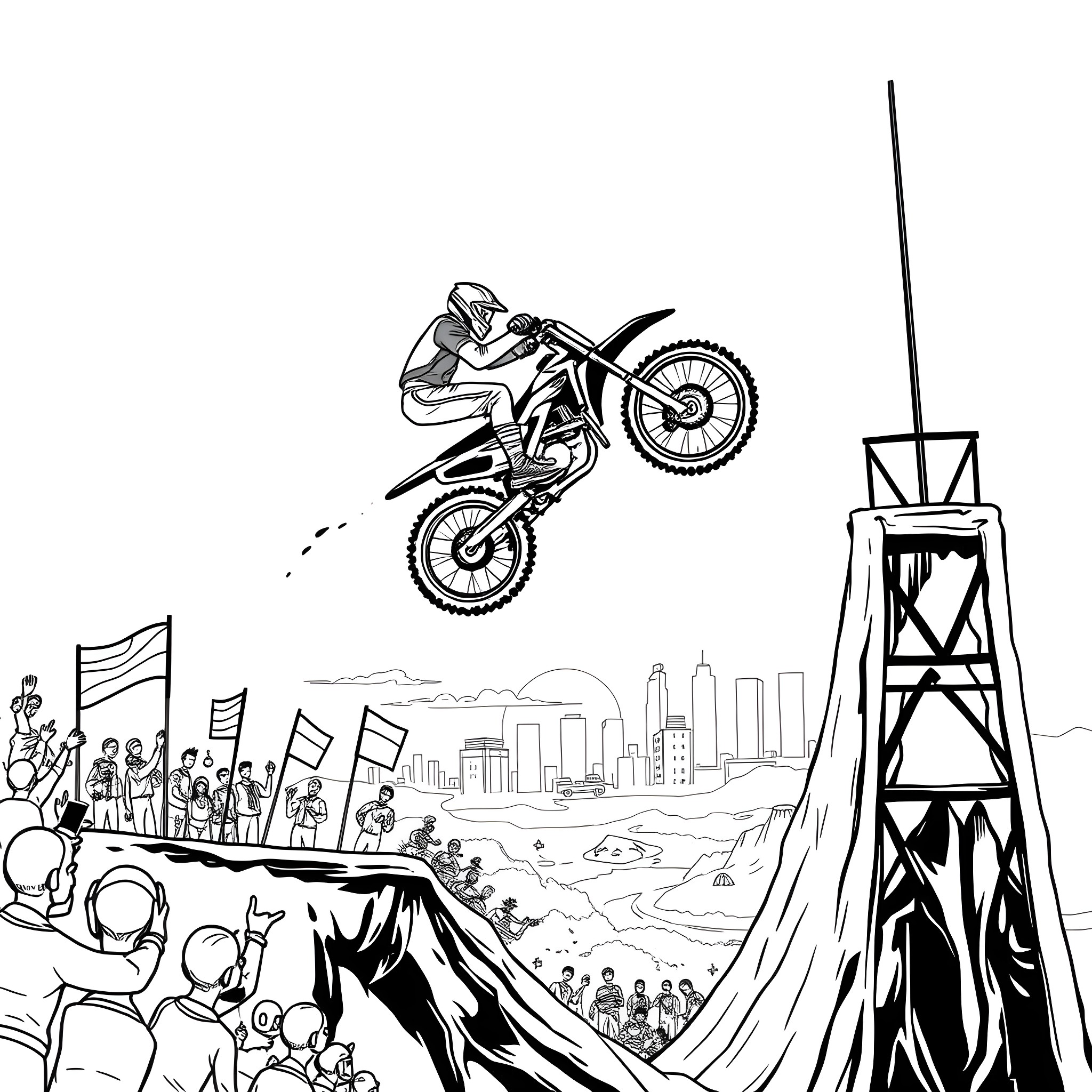Stunt Bike Thrilling Jump over Cityscape Coloring Page (free black-and-white line drawing printable PDF for all, from beginners to advanced learners, including children, teens, adults, and seniors)