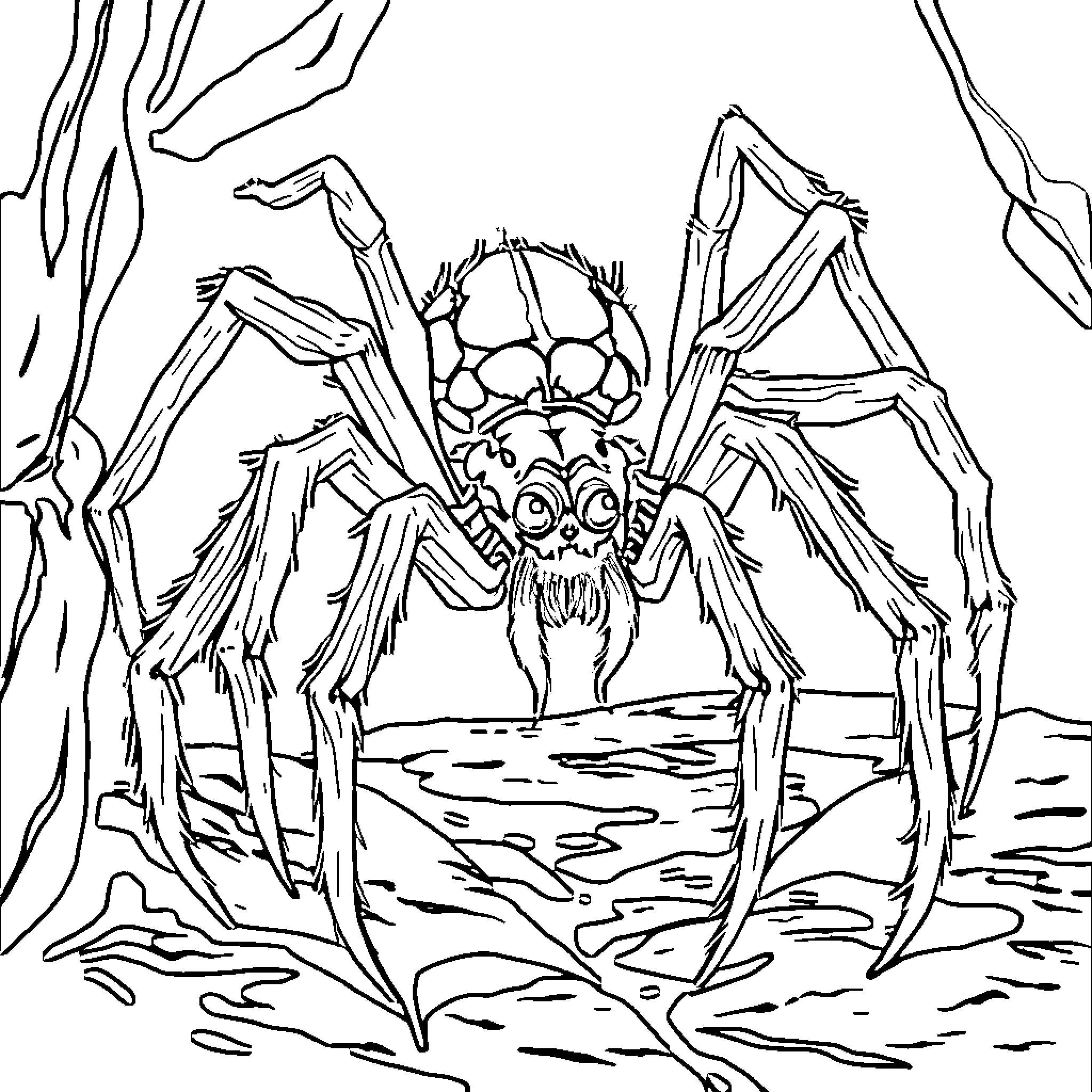 Spider Scuttling through Spooky Forest Coloring Page (free black-and-white line drawing printable PDF for all, from beginners to advanced learners, including children, teens, adults, and seniors)