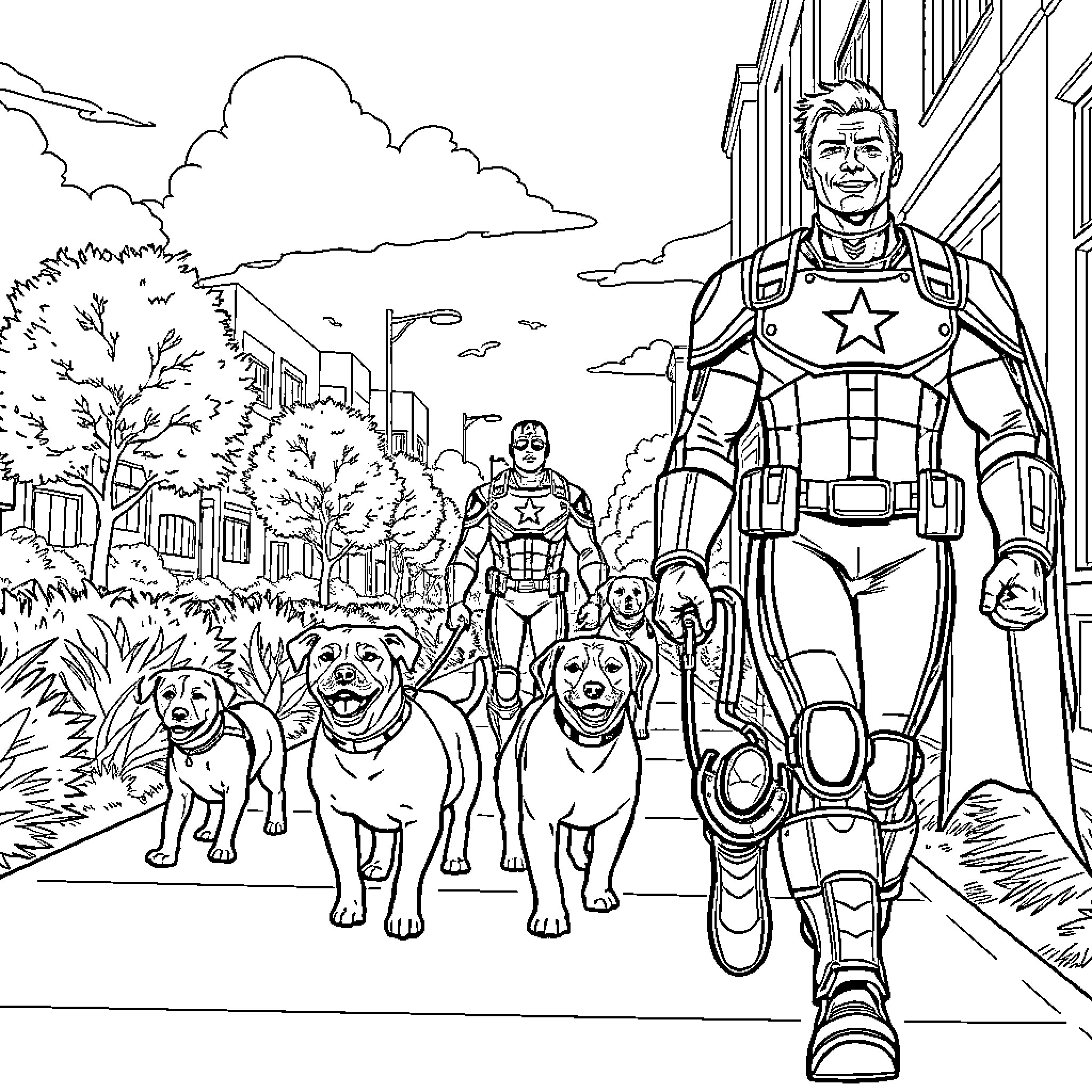 Avenger Leads Loyal Canine Companions Through City Coloring Page (free black-and-white line drawing printable PDF for all, from beginners to advanced learners, including children, teens, adults, and seniors)