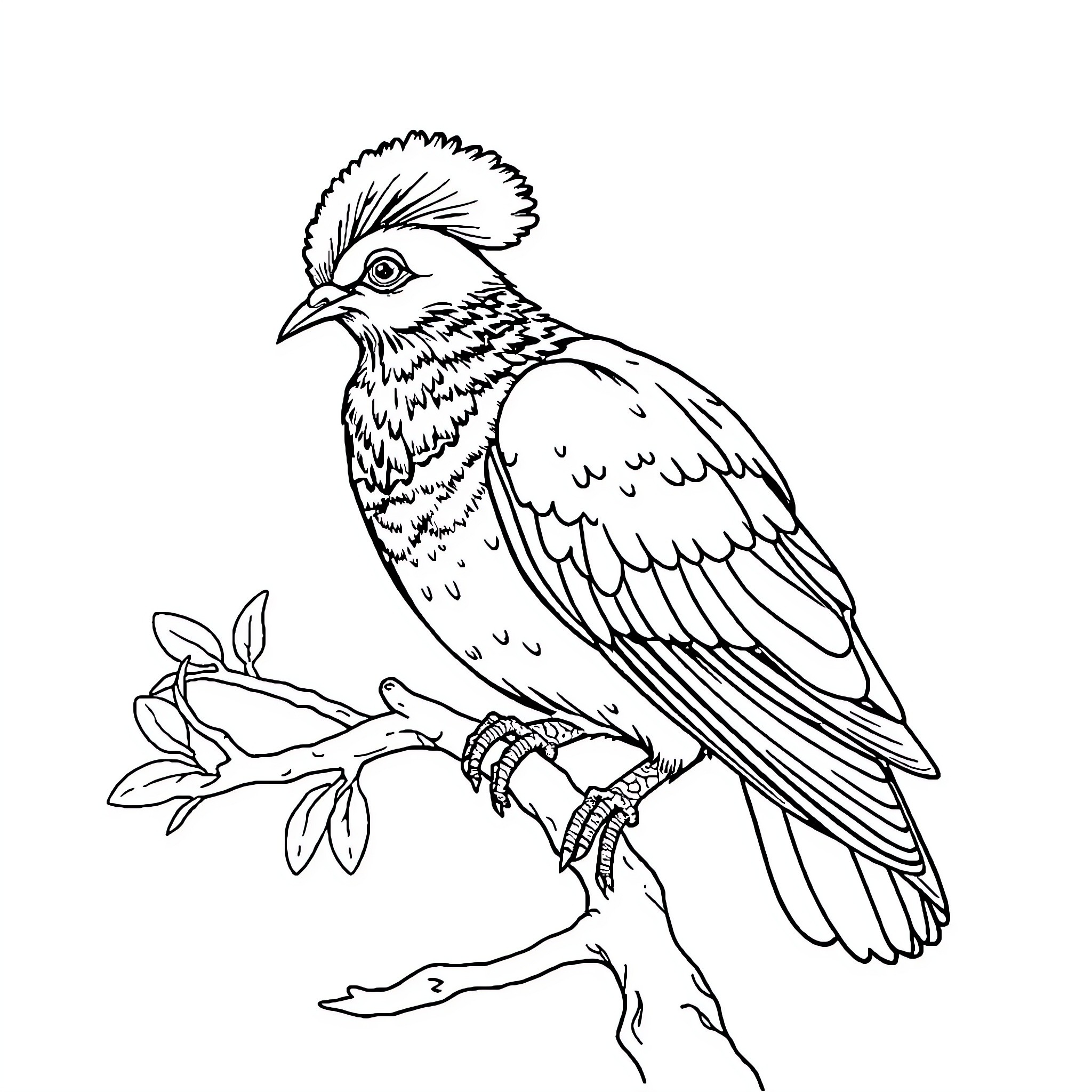 Indian Fantail Bird Perched on Branch Coloring Page (free black-and-white line drawing printable PDF for all, from beginners to advanced learners, including children, teens, adults, and seniors)