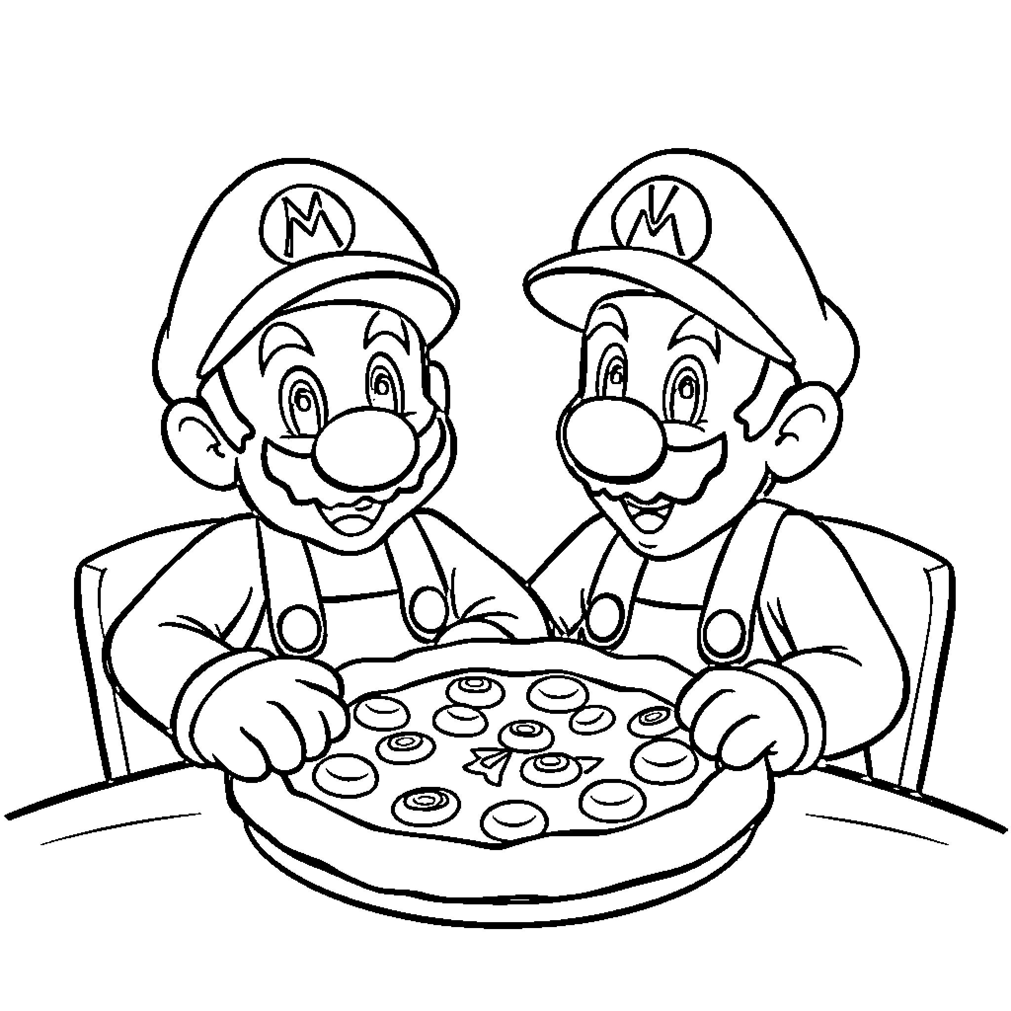 Mario Brothers Preparing Delicious Treats Coloring Page (free black-and-white line drawing printable PDF for all, from beginners to advanced learners, including children, teens, adults, and seniors)