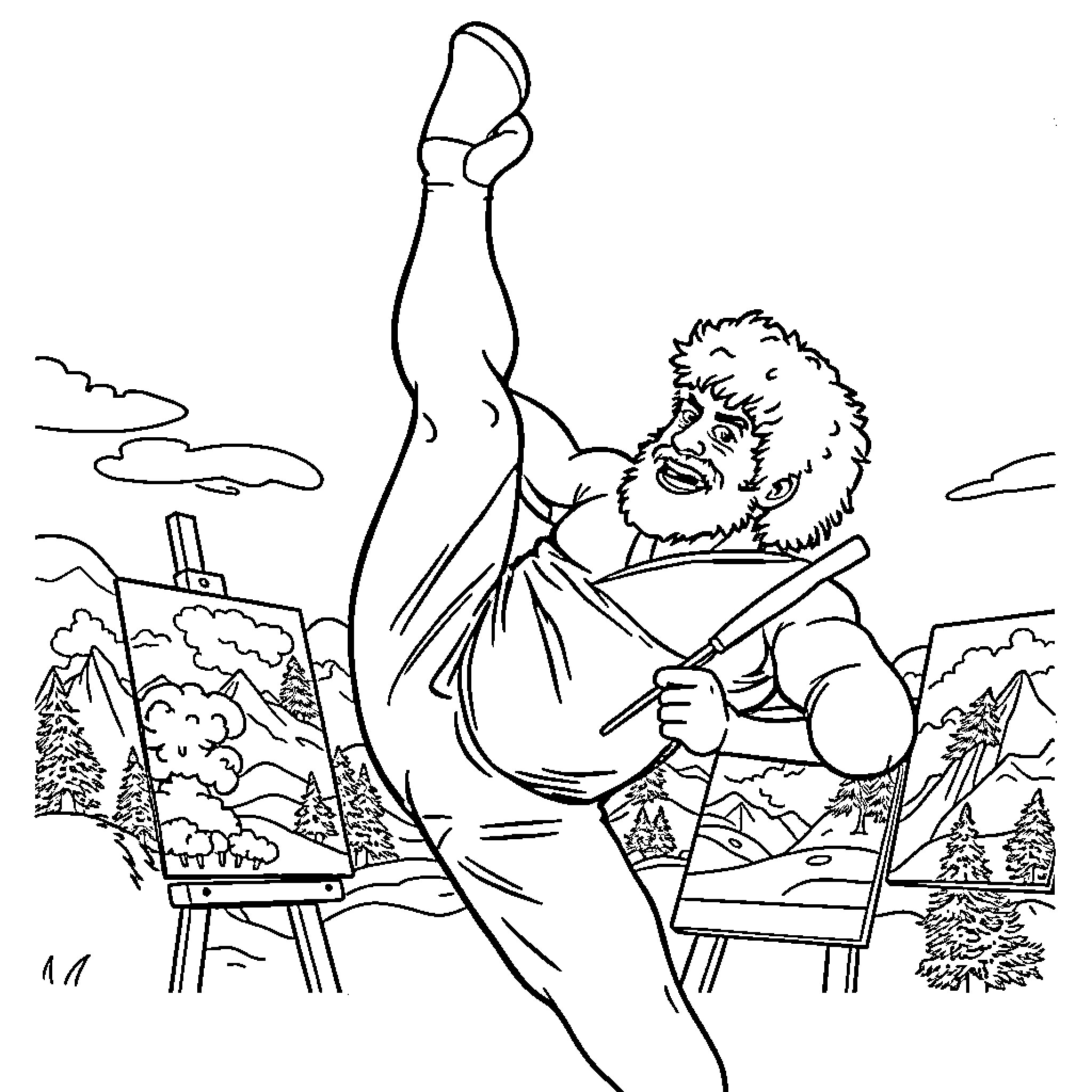 Hulk Hogan painting a scenic landscape with enthusiasm Coloring Page (free black-and-white line drawing printable PDF for all, from beginners to advanced learners, including children, teens, adults, and seniors)