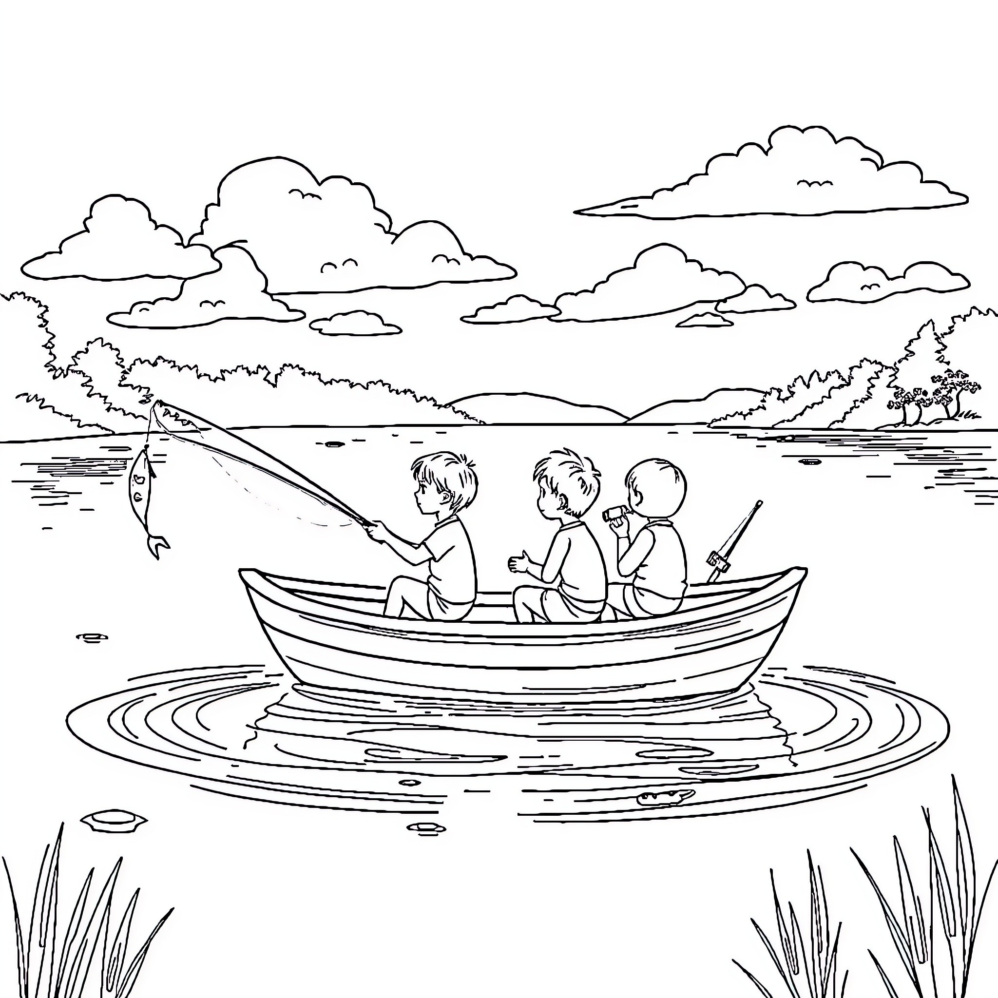Kid fishing with friends in a boat on the lake Coloring Page (free black-and-white line drawing printable PDF for all, from beginners to advanced learners, including children, teens, adults, and seniors)