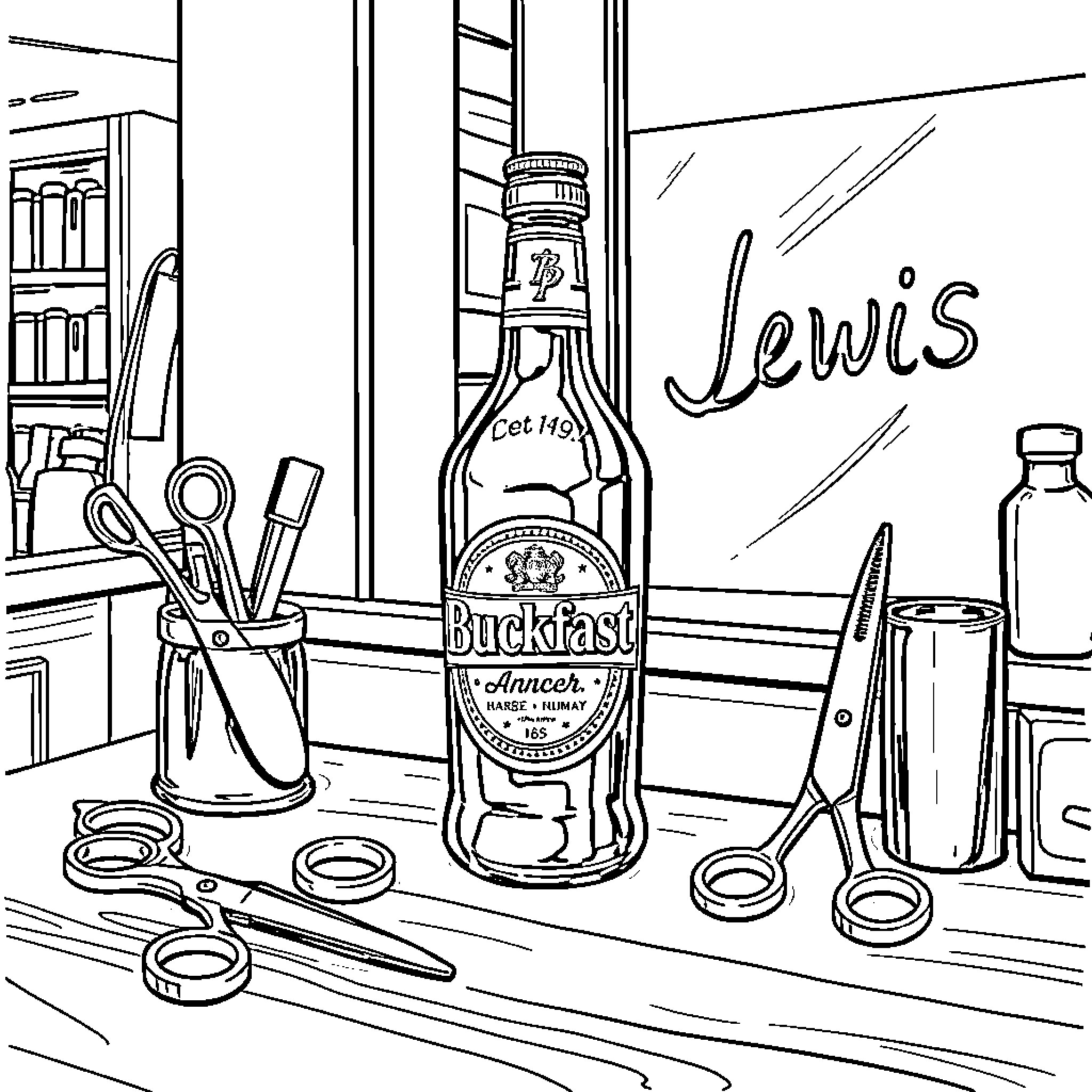 Bottle of Buckfast on a cluttered workbench Coloring Page (free black-and-white line drawing printable PDF for all, from beginners to advanced learners, including children, teens, adults, and seniors)