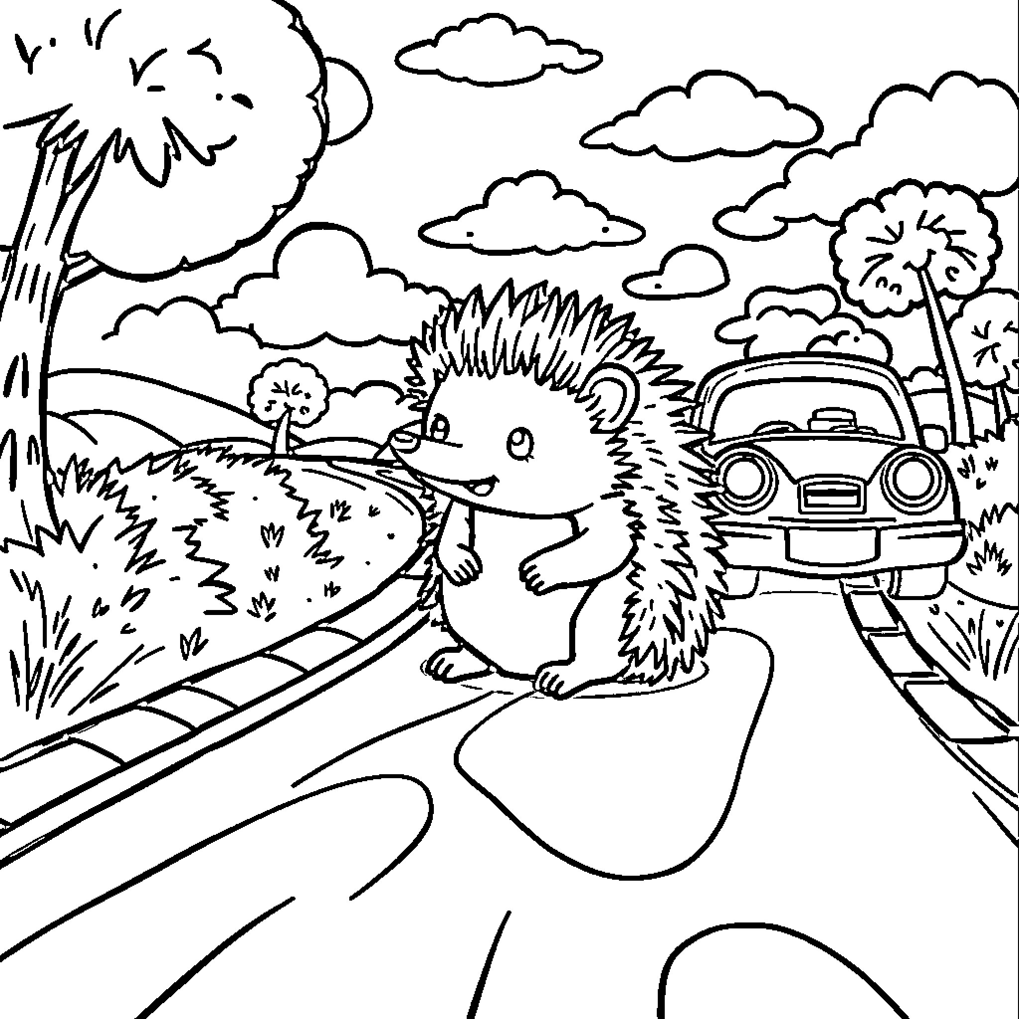 Hedgehog exploring the countryside Coloring Page (free black-and-white line drawing printable PDF for all, from beginners to advanced learners, including children, teens, adults, and seniors)