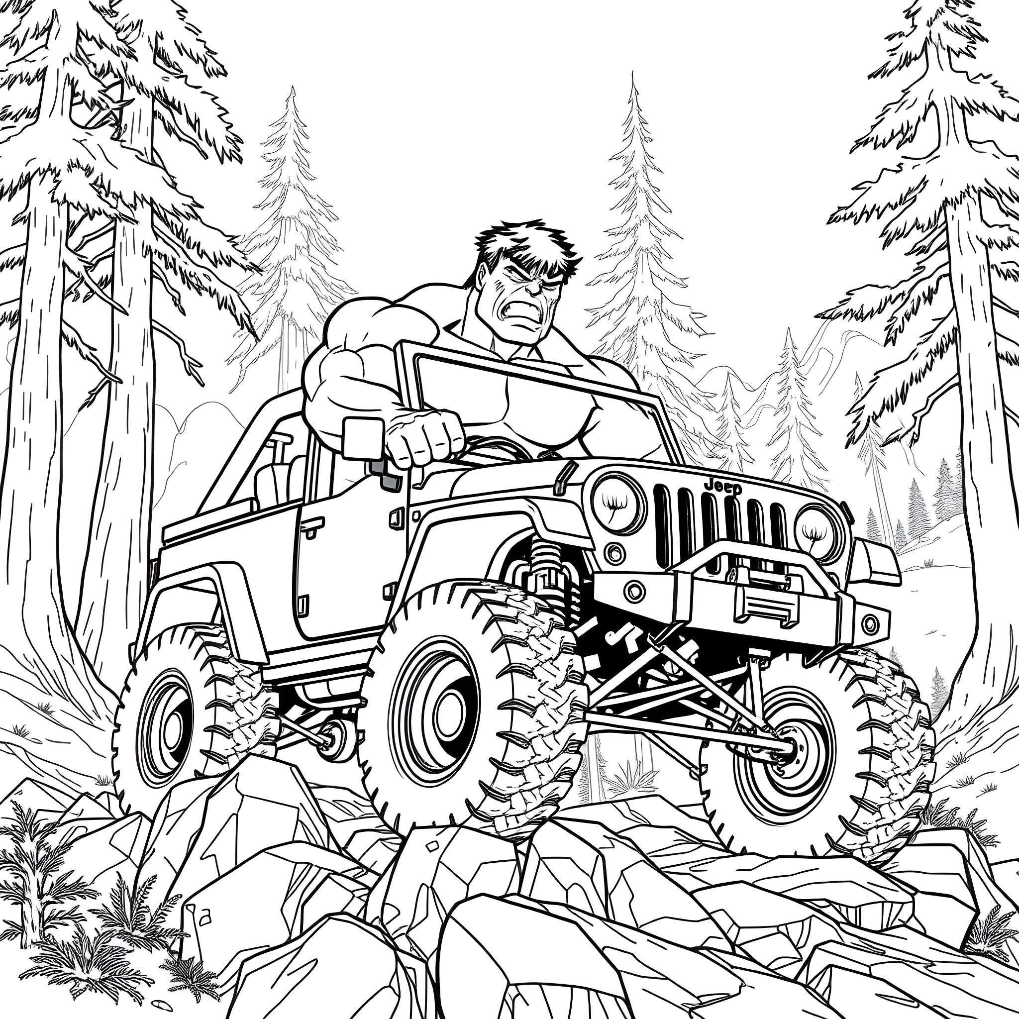 Hulk driving a powerful off-road vehicle through the forest Coloring Page (free black-and-white line drawing printable PDF for all, from beginners to advanced learners, including children, teens, adults, and seniors)