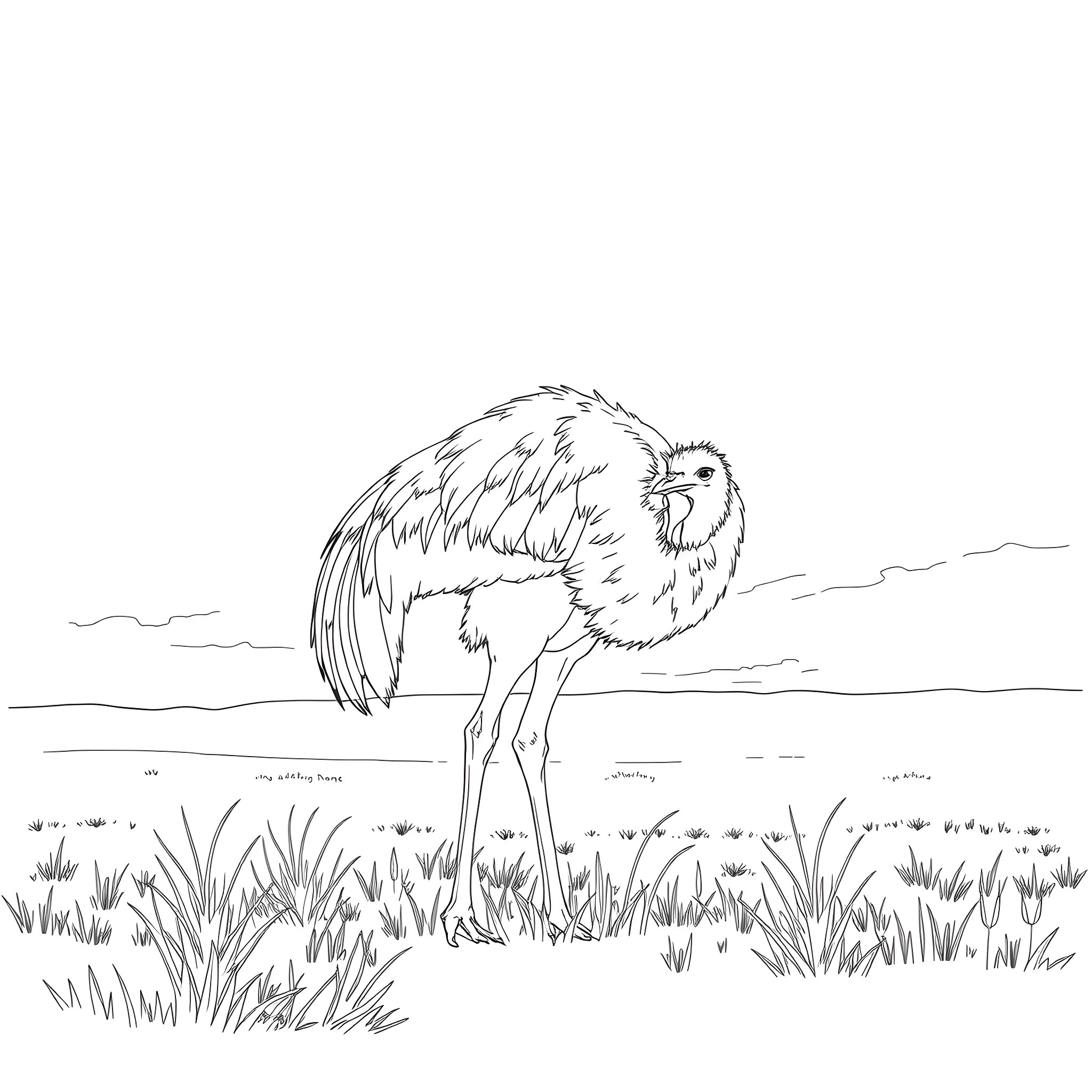 Ostrich standing tall in a grassy field Coloring Page (free black-and-white line drawing printable PDF for all, from beginners to advanced learners, including children, teens, adults, and seniors)