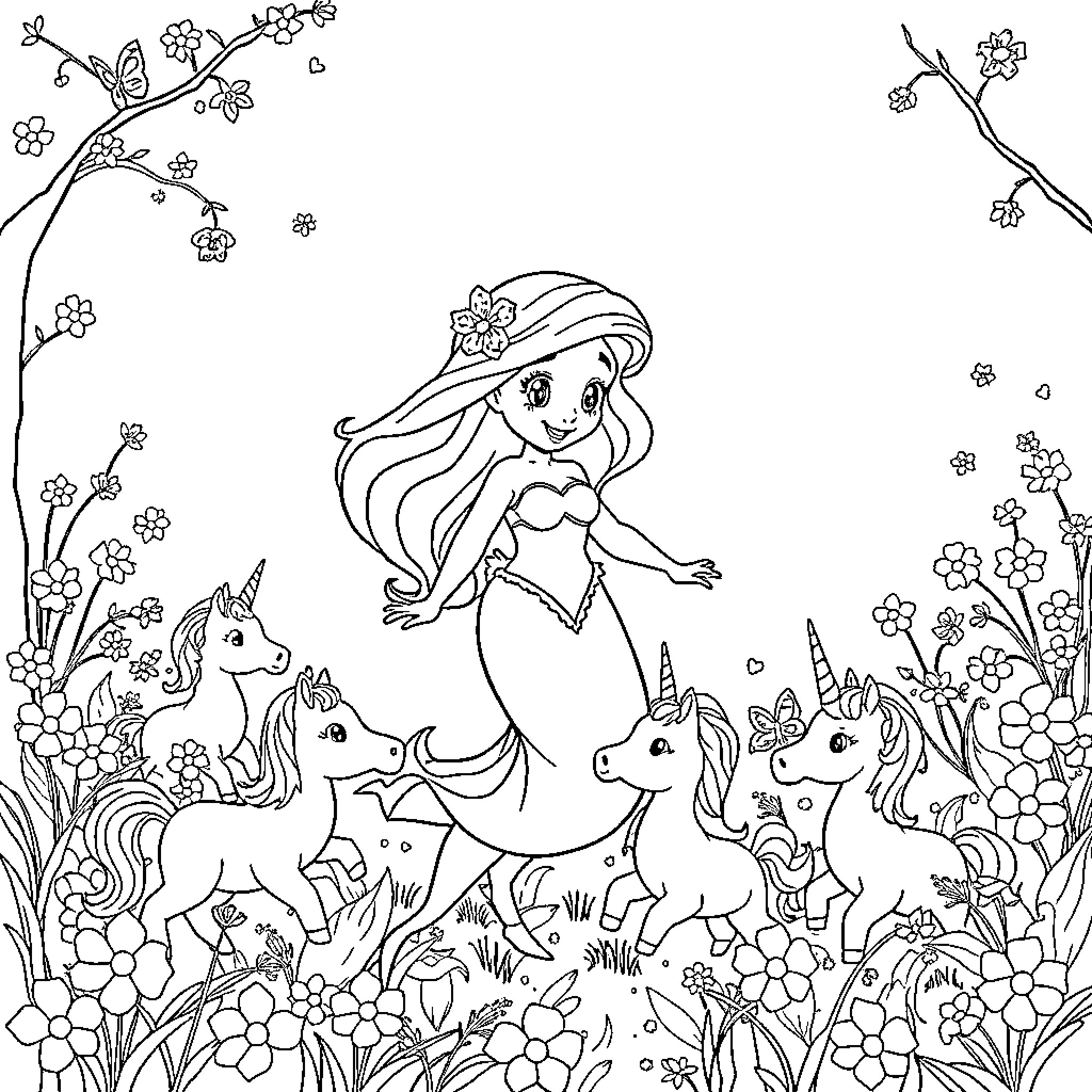 Ariel's Magical Meadow with Enchanting Unicorns Coloring Page (free black-and-white line drawing printable PDF for all, from beginners to advanced learners, including children, teens, adults, and seniors)