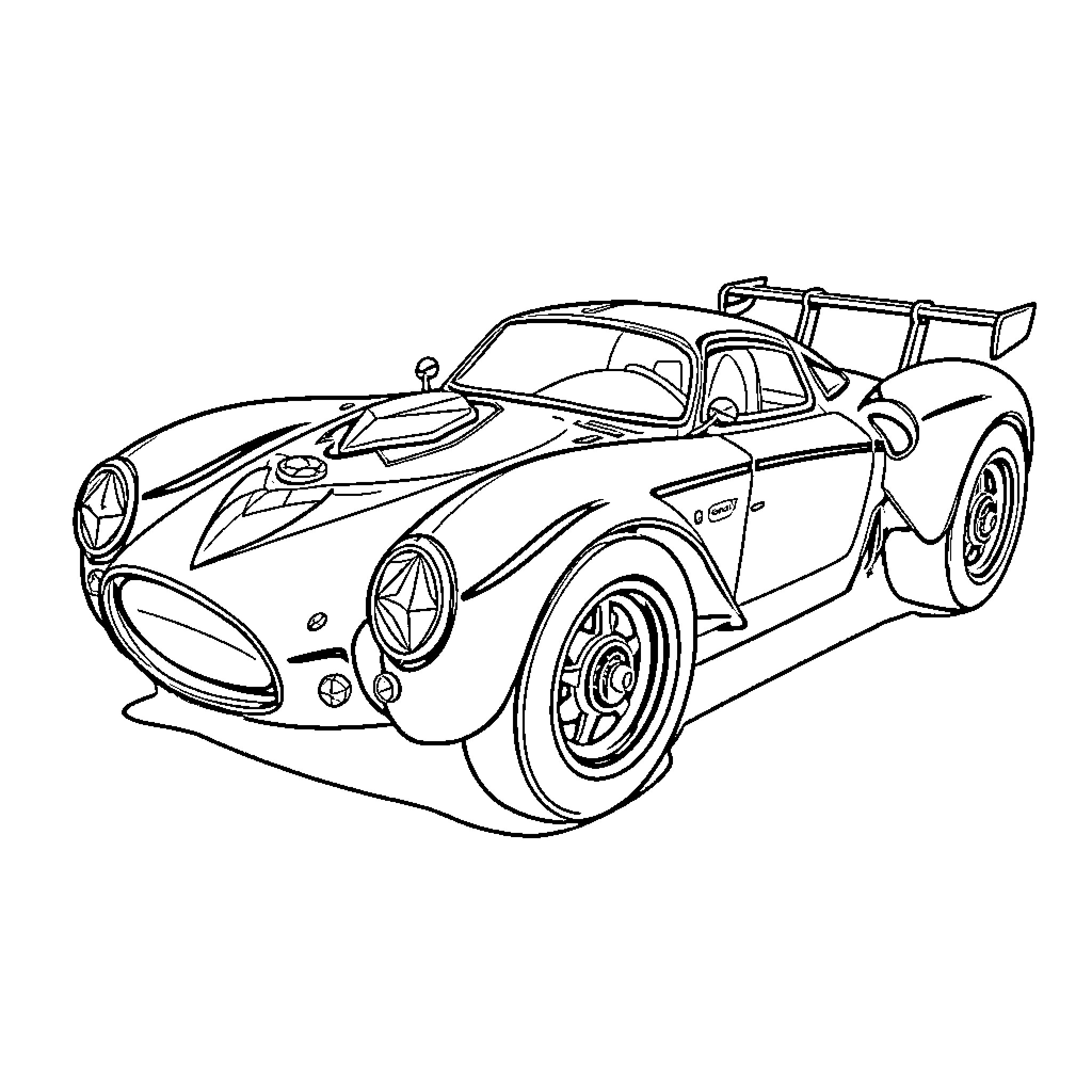 Race Car with Sporty Design and Tuning Accessories Coloring Page (free black-and-white line drawing printable PDF for all, from beginners to advanced learners, including children, teens, adults, and seniors)