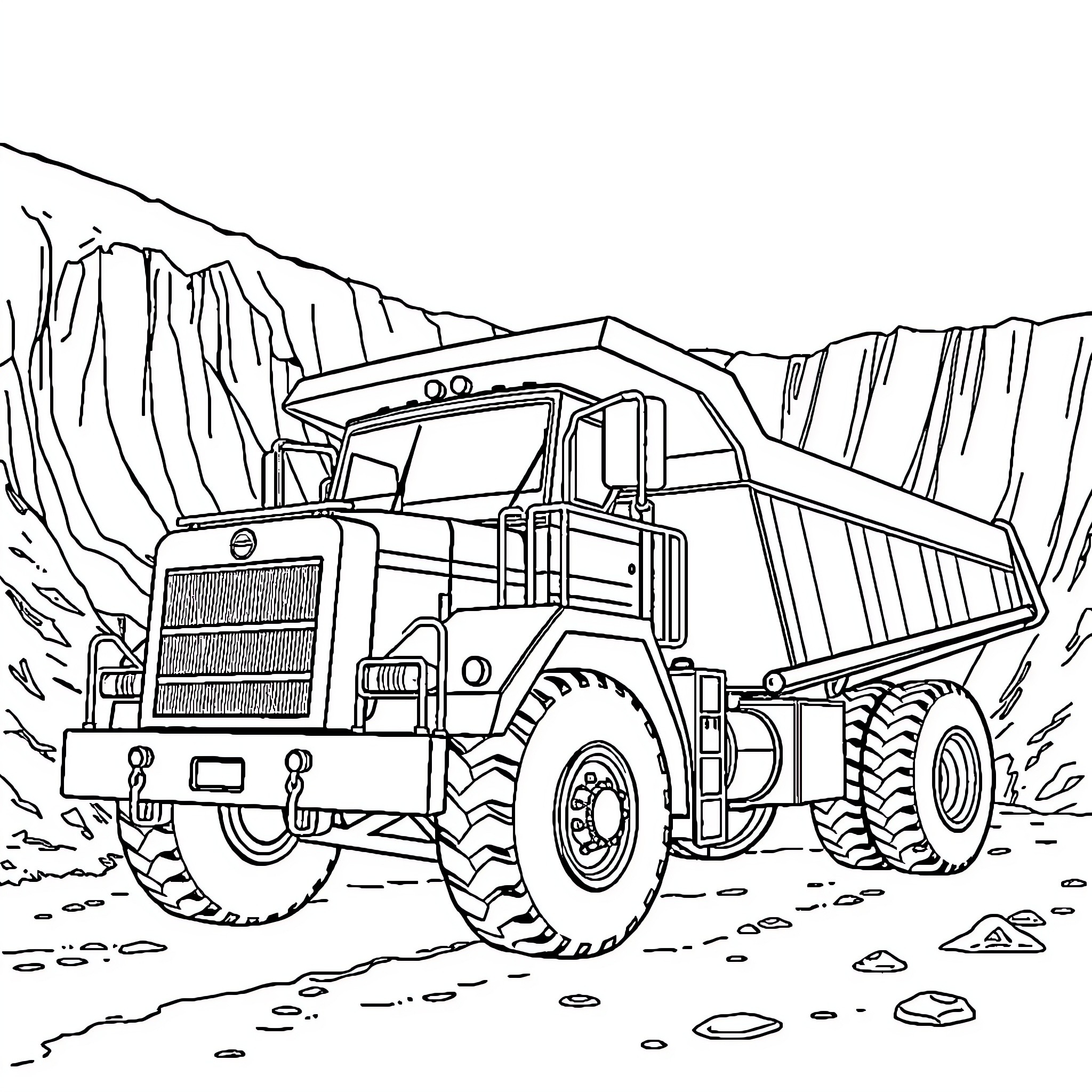Truck hauling rocks in rugged terrain Coloring Page (free black-and-white line drawing printable PDF for all, from beginners to advanced learners, including children, teens, adults, and seniors)