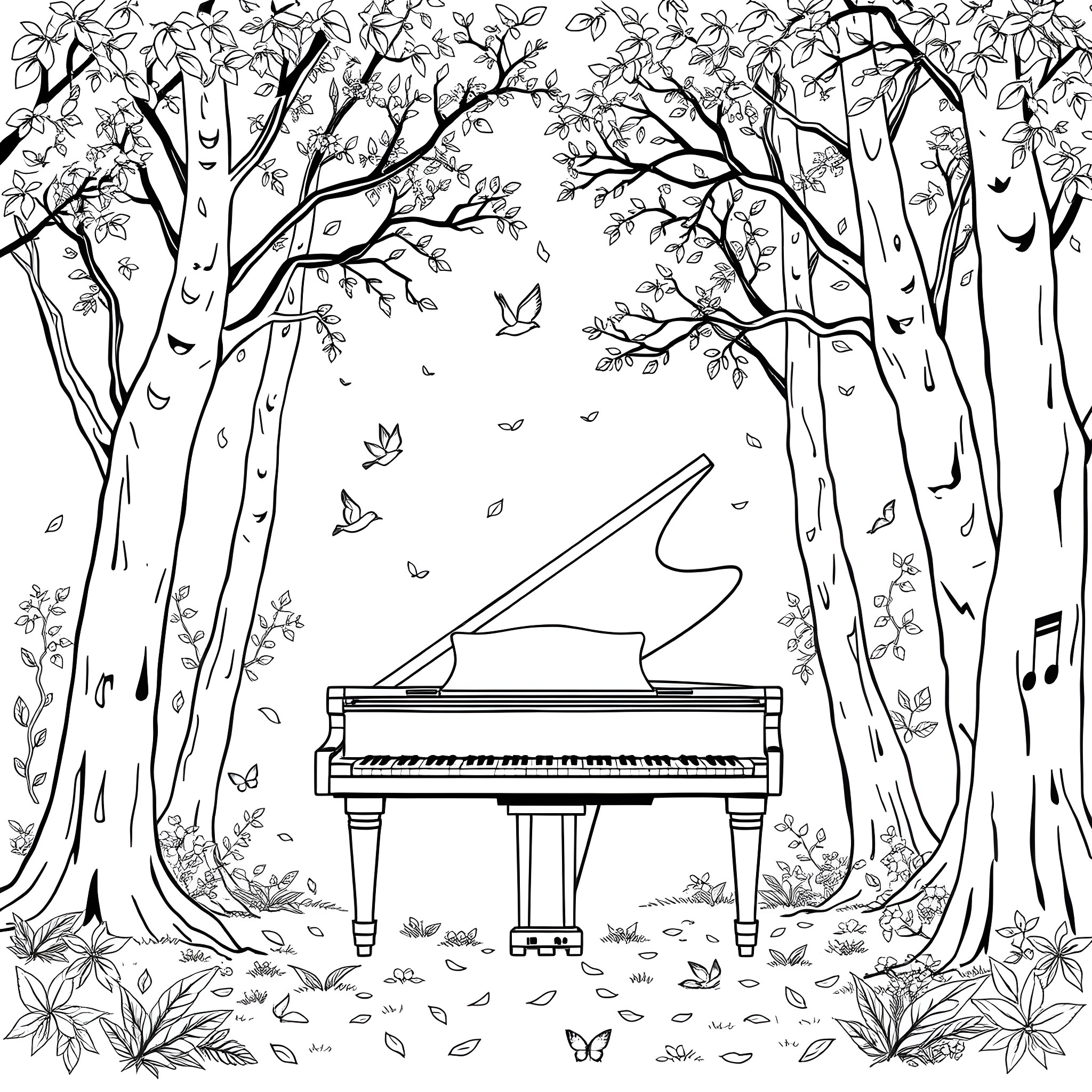Piano in a serene forest scene Coloring Page (free black-and-white line drawing printable PDF for all, from beginners to advanced learners, including children, teens, adults, and seniors)
