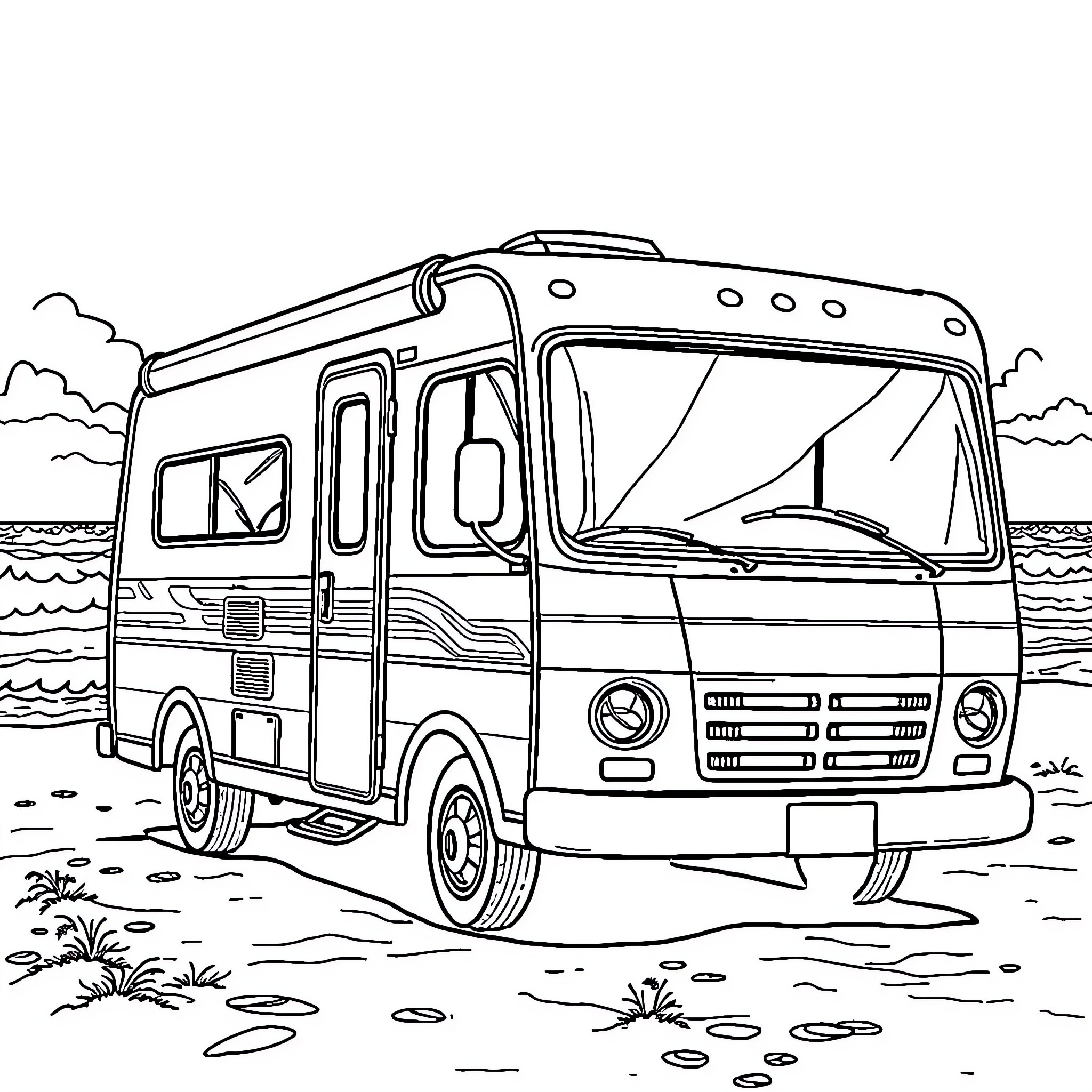 Motorhome exploring the scenic coastline Coloring Page (free black-and-white line drawing printable PDF for all, from beginners to advanced learners, including children, teens, adults, and seniors)