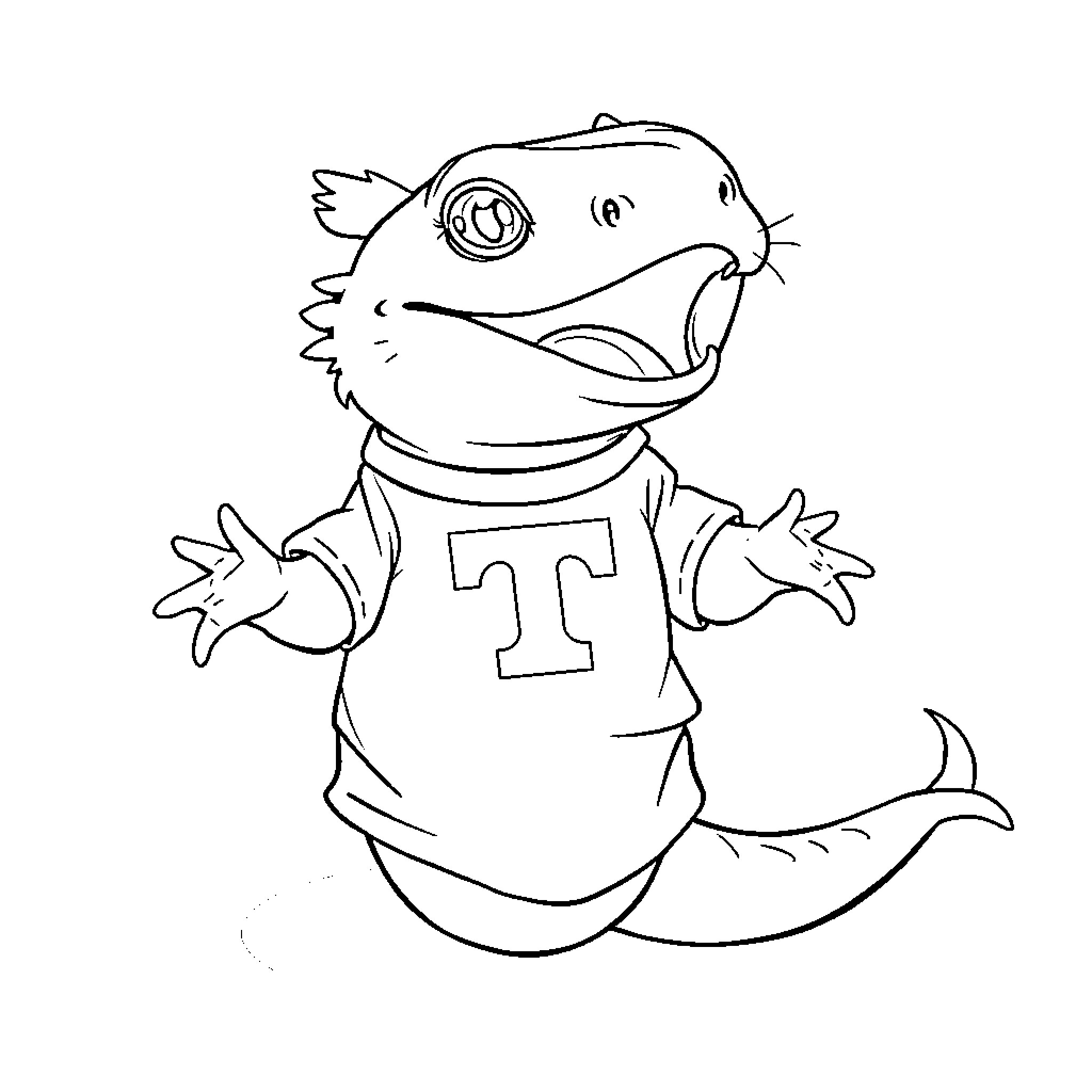 Axolotl wearing a letter jersey and posing Coloring Page (free black-and-white line drawing printable PDF for all, from beginners to advanced learners, including children, teens, adults, and seniors)