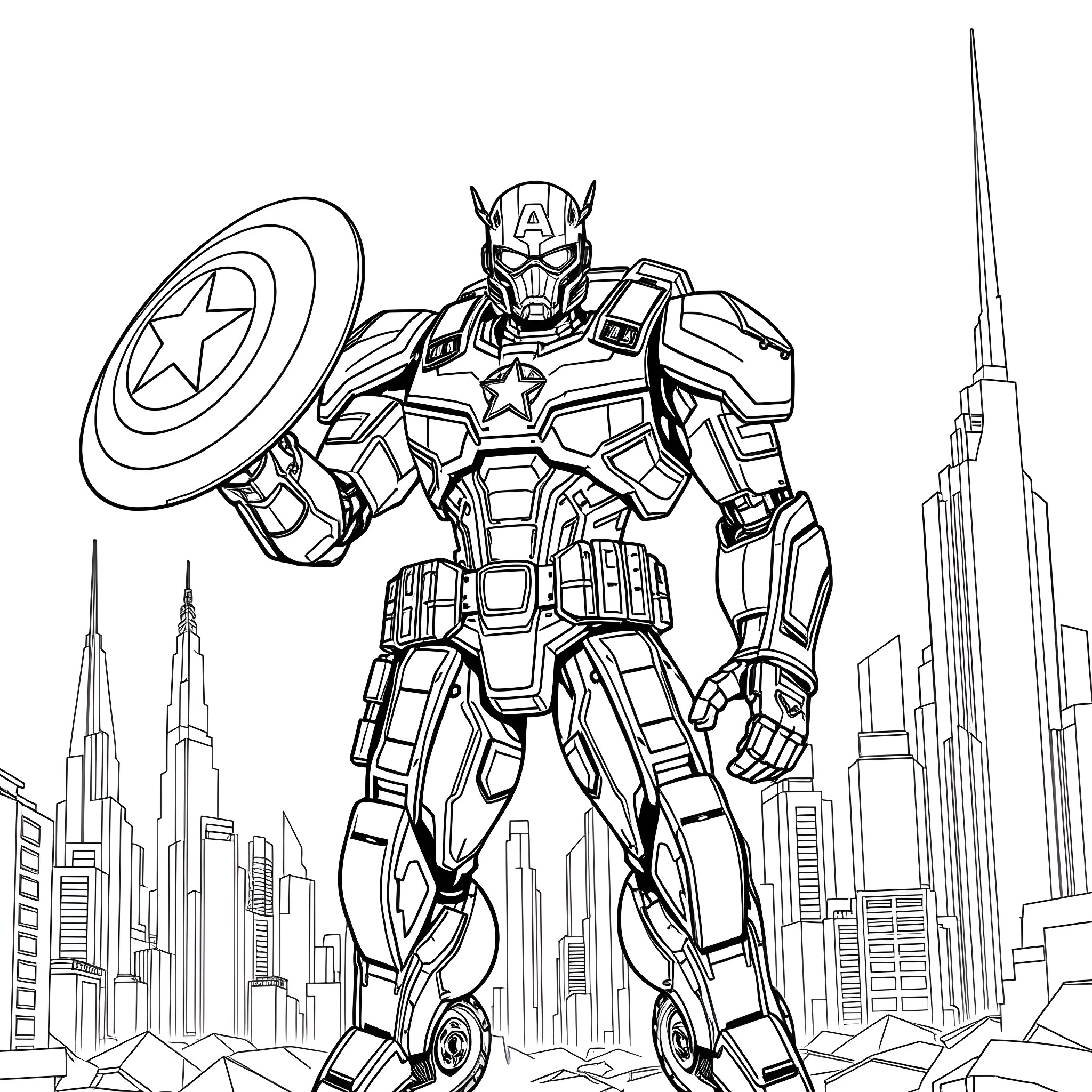 Mecha Captain America heroically stands tall in a futuristic cityscape Coloring Page (free black-and-white line drawing printable PDF for all, from beginners to advanced learners, including children, teens, adults, and seniors)
