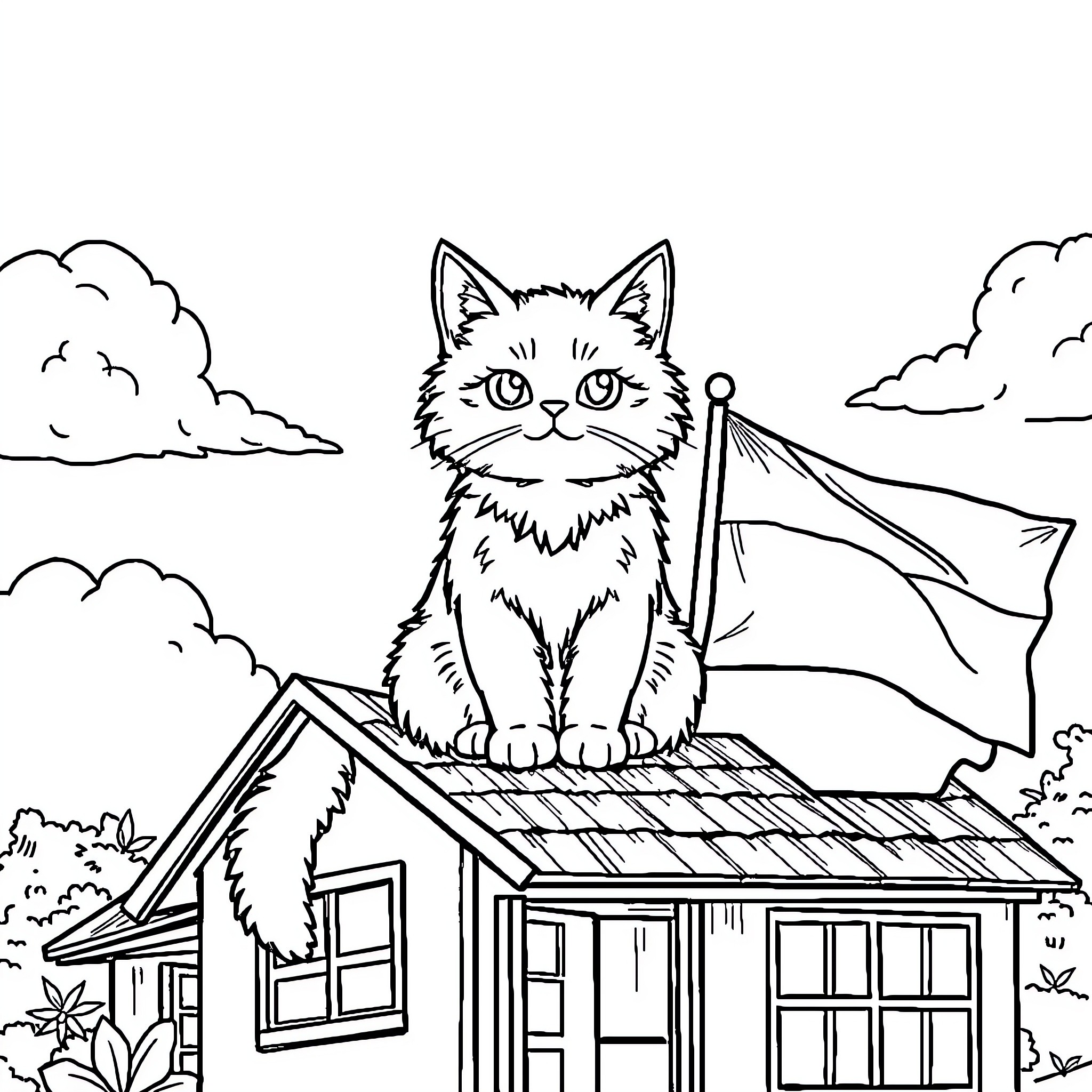 Cat sitting on the roof and holding a flag Coloring Page (free black-and-white line drawing printable PDF for all, from beginners to advanced learners, including children, teens, adults, and seniors)