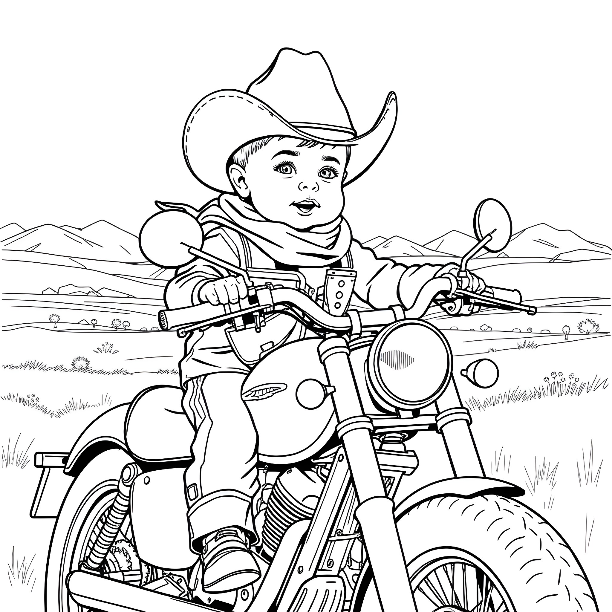 Cowboy riding a motorcycle through the desert Coloring Page (free black-and-white line drawing printable PDF for all, from beginners to advanced learners, including children, teens, adults, and seniors)