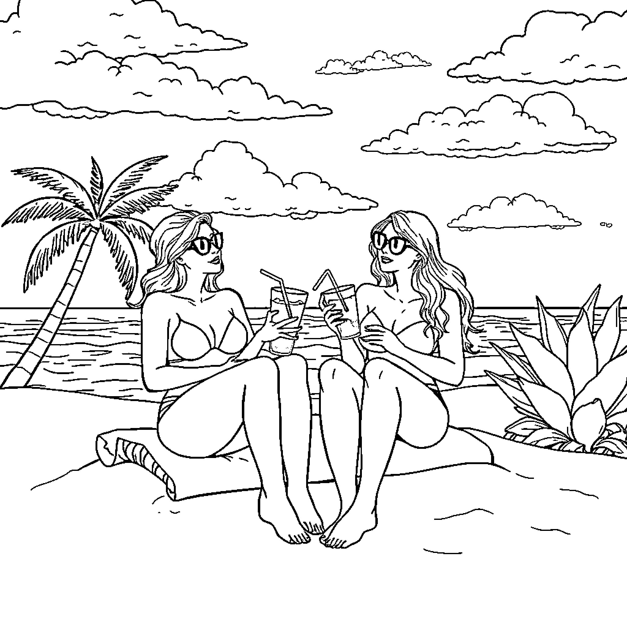 Women enjoying drinks on the beach Coloring Page (free black-and-white line drawing printable PDF for all, from beginners to advanced learners, including children, teens, adults, and seniors)