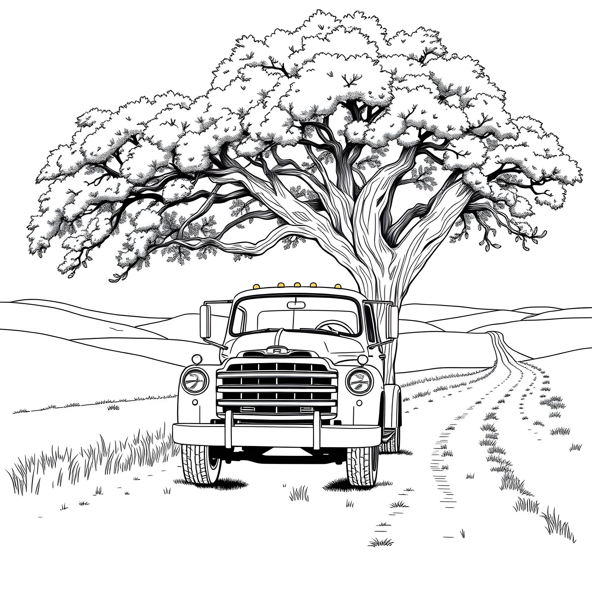Truck parked under a large oak tree in the countryside Coloring Page (free black-and-white line drawing printable PDF for all, from beginners to advanced learners, including children, teens, adults, and seniors)