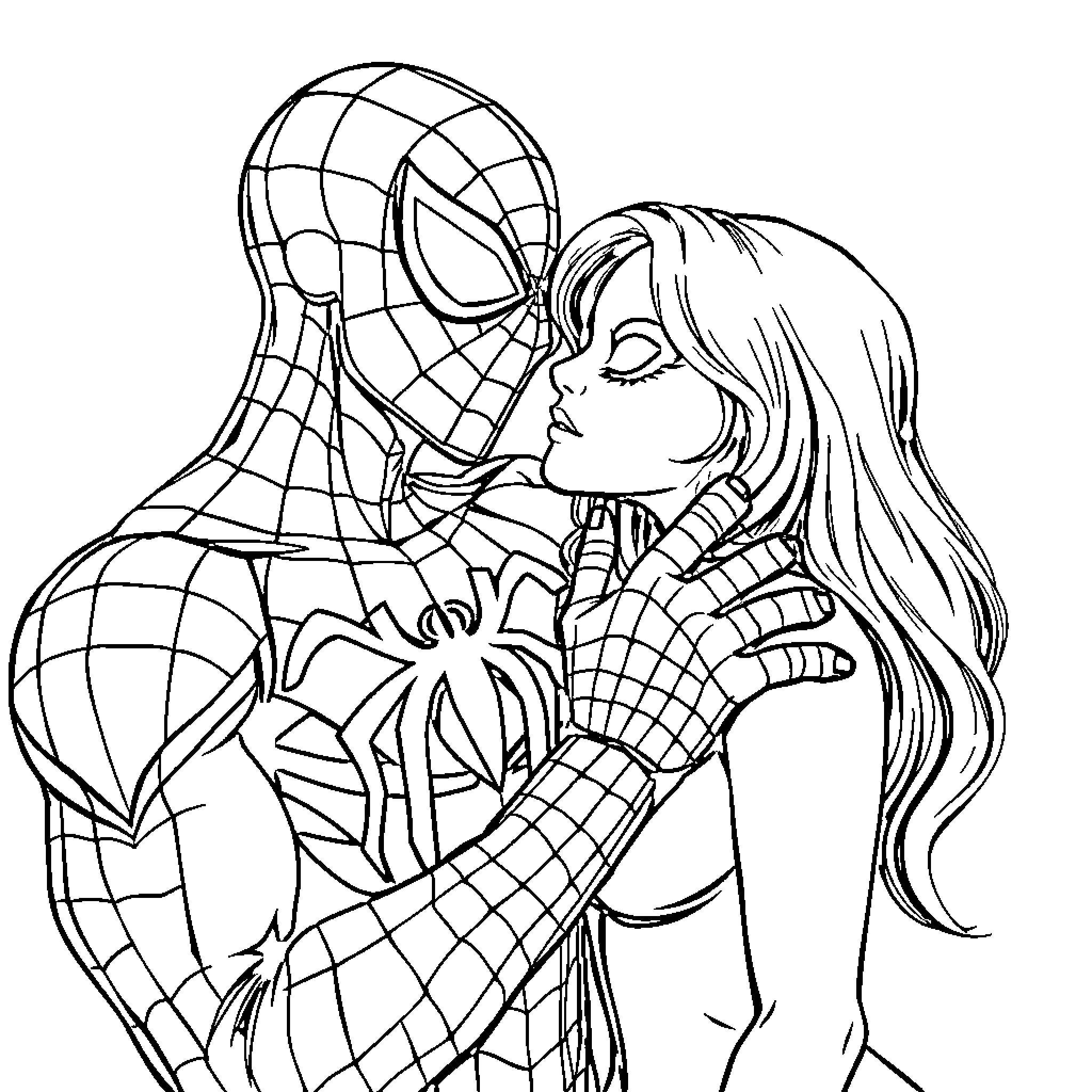 Spider-Man embracing a woman in close embrace Coloring Page (free black-and-white line drawing printable PDF for all, from beginners to advanced learners, including children, teens, adults, and seniors)
