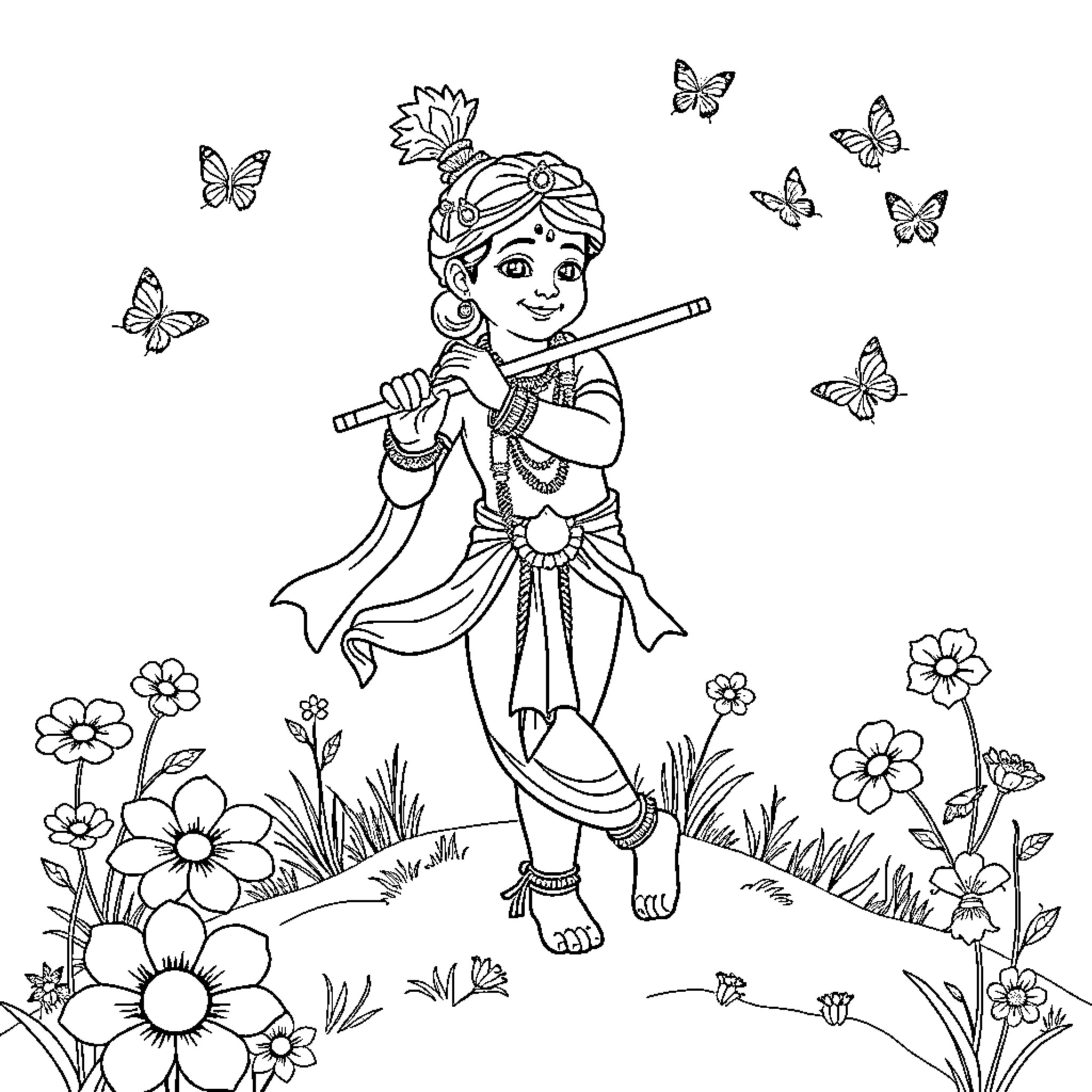 Krishna playing joyfully among butterflies and flowers Coloring Page (free black-and-white line drawing printable PDF for all, from beginners to advanced learners, including children, teens, adults, and seniors)