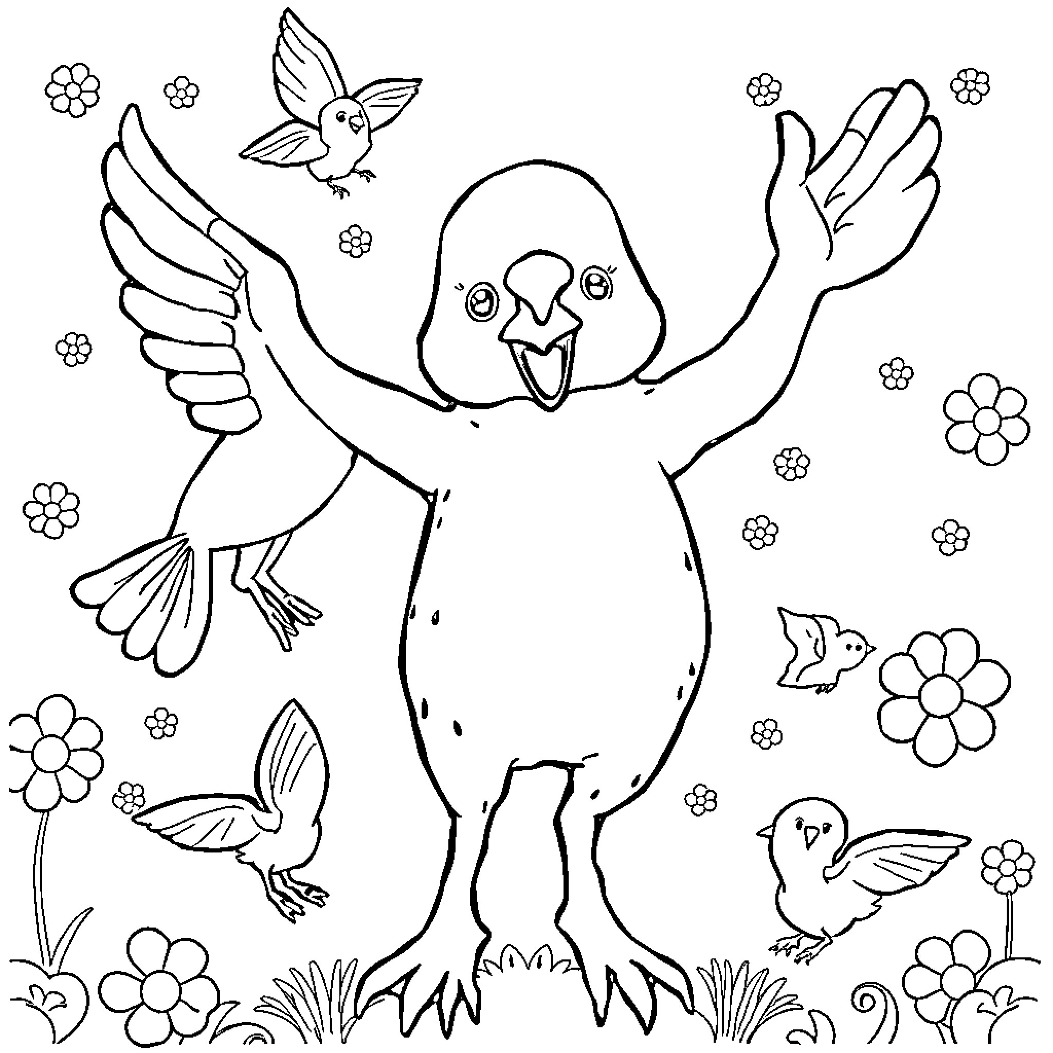 Belly of playful birds surrounded by flowers Coloring Page (free black-and-white line drawing printable PDF for all, from beginners to advanced learners, including children, teens, adults, and seniors)