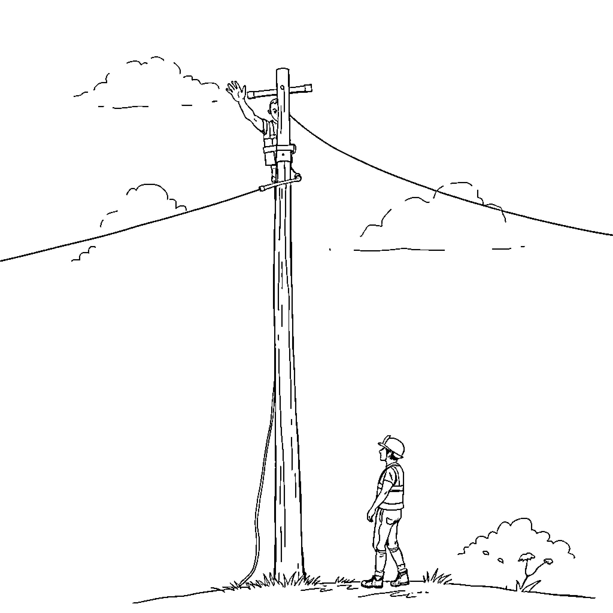 Lineman inspecting utility pole in rural landscape Coloring Page (free black-and-white line drawing printable PDF for all, from beginners to advanced learners, including children, teens, adults, and seniors)