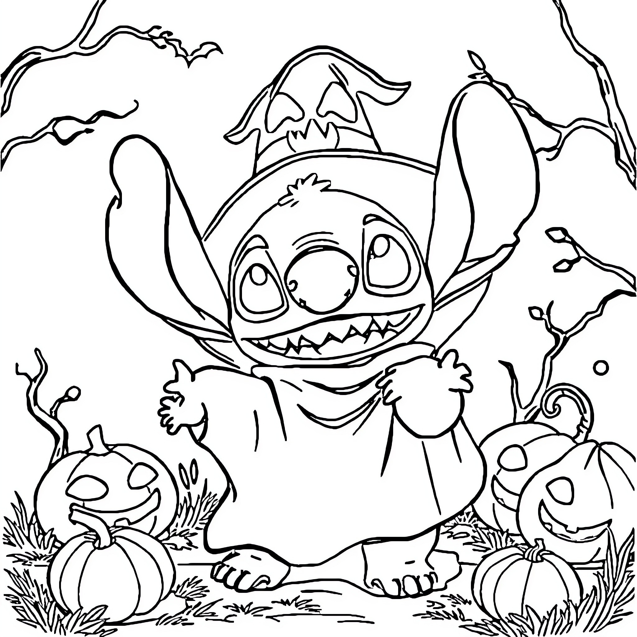 Stitch in a spooky Halloween scene Coloring Page (free black-and-white line drawing printable PDF for all, from beginners to advanced learners, including children, teens, adults, and seniors)