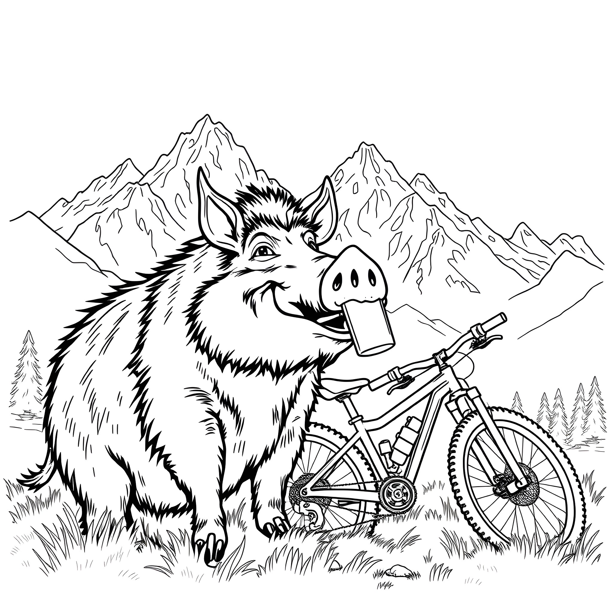 Boar riding a bicycle in the mountains Coloring Page (free black-and-white line drawing printable PDF for all, from beginners to advanced learners, including children, teens, adults, and seniors)