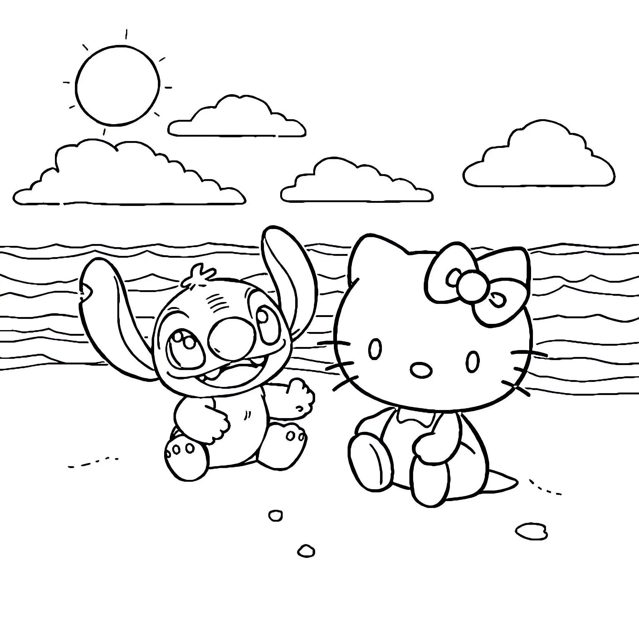 Hello Kitty and Stitch Enjoying the Beach Coloring Page (free black-and-white line drawing printable PDF for all, from beginners to advanced learners, including children, teens, adults, and seniors)