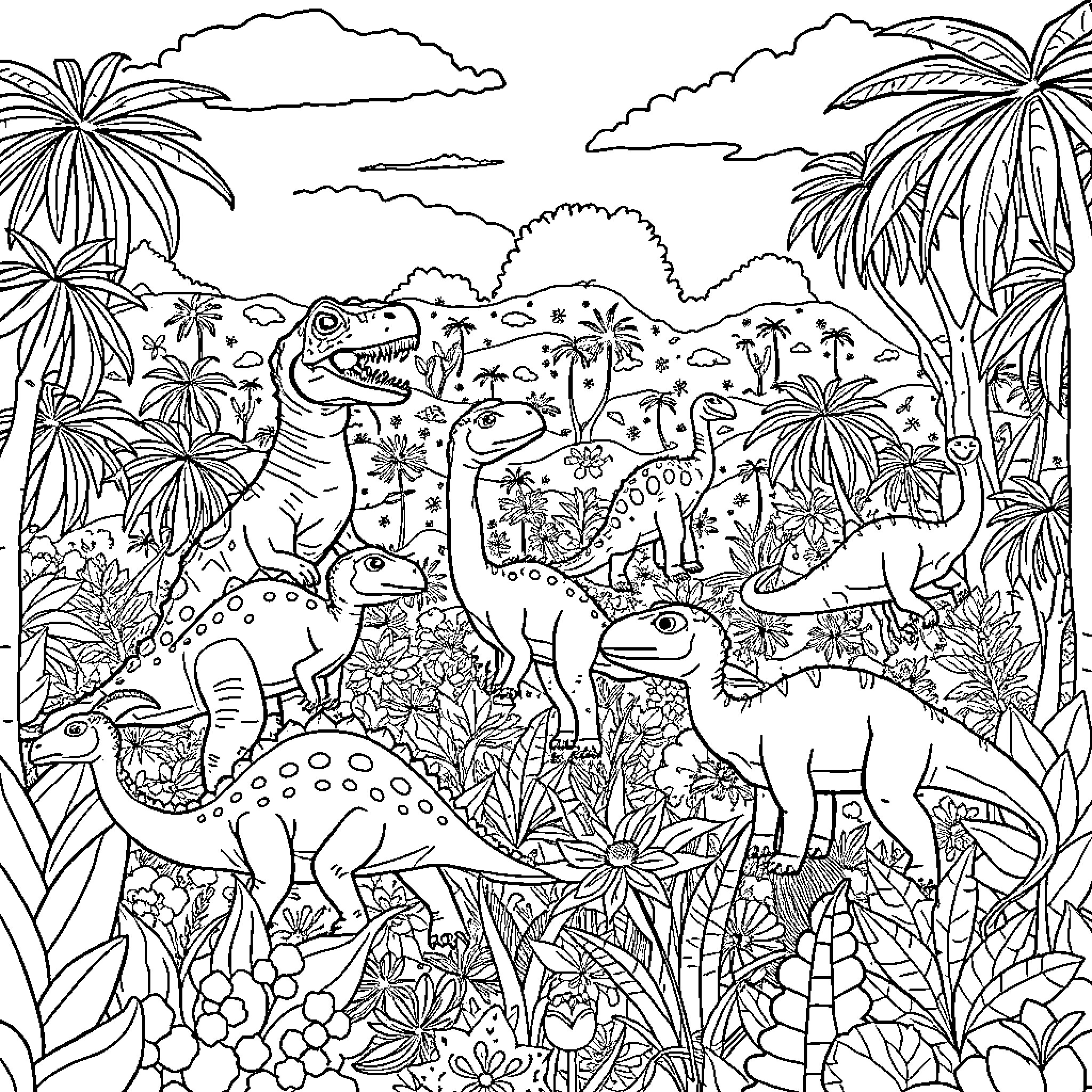 Dinosaurs roaming in a lush prehistoric landscape Coloring Page (free black-and-white line drawing printable PDF for all, from beginners to advanced learners, including children, teens, adults, and seniors)