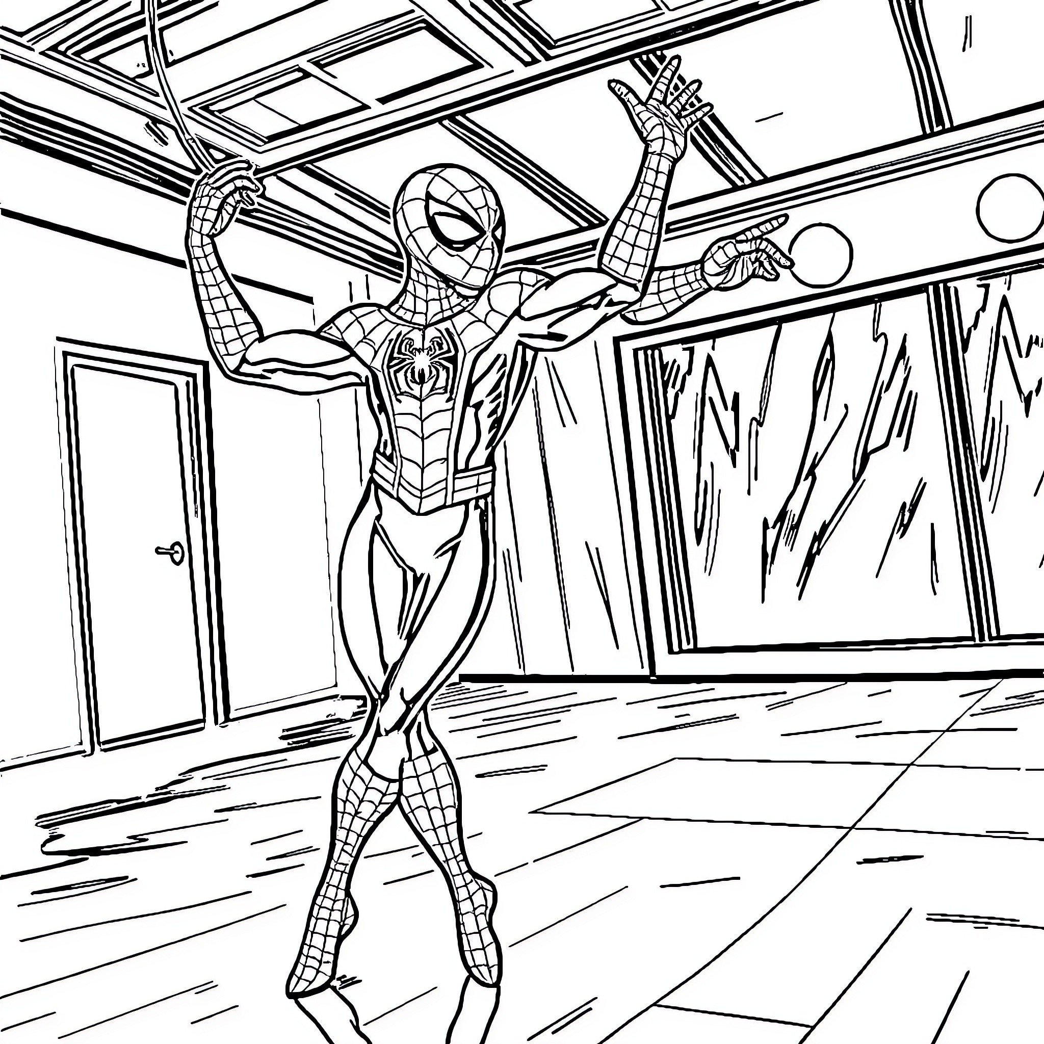 Spiderman in heroic pose with webbing Coloring Page (free black-and-white line drawing printable PDF for all, from beginners to advanced learners, including children, teens, adults, and seniors)
