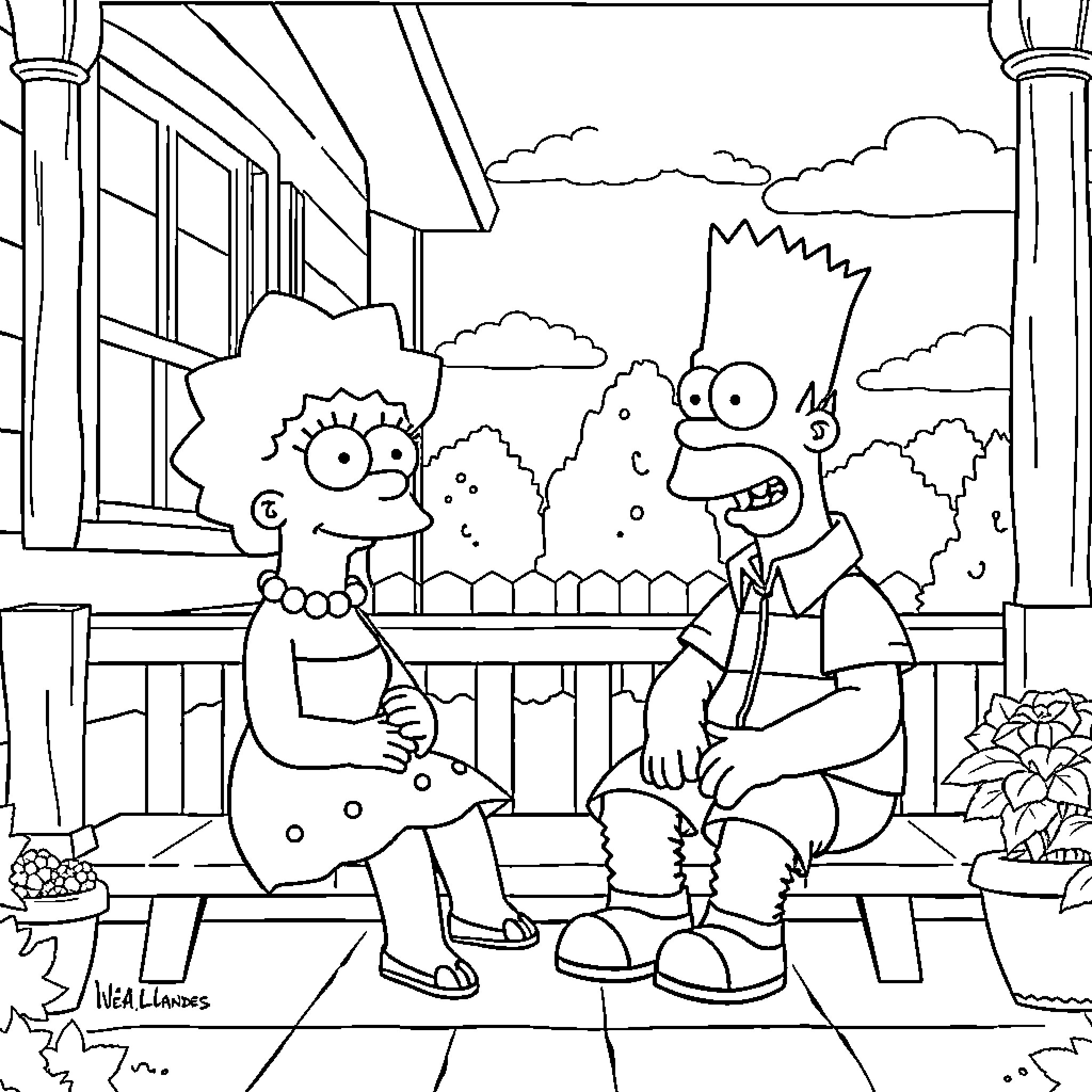 Lisa Simpson and Bart Simpson enjoying a day outdoors Coloring Page (free black-and-white line drawing printable PDF for all, from beginners to advanced learners, including children, teens, adults, and seniors)