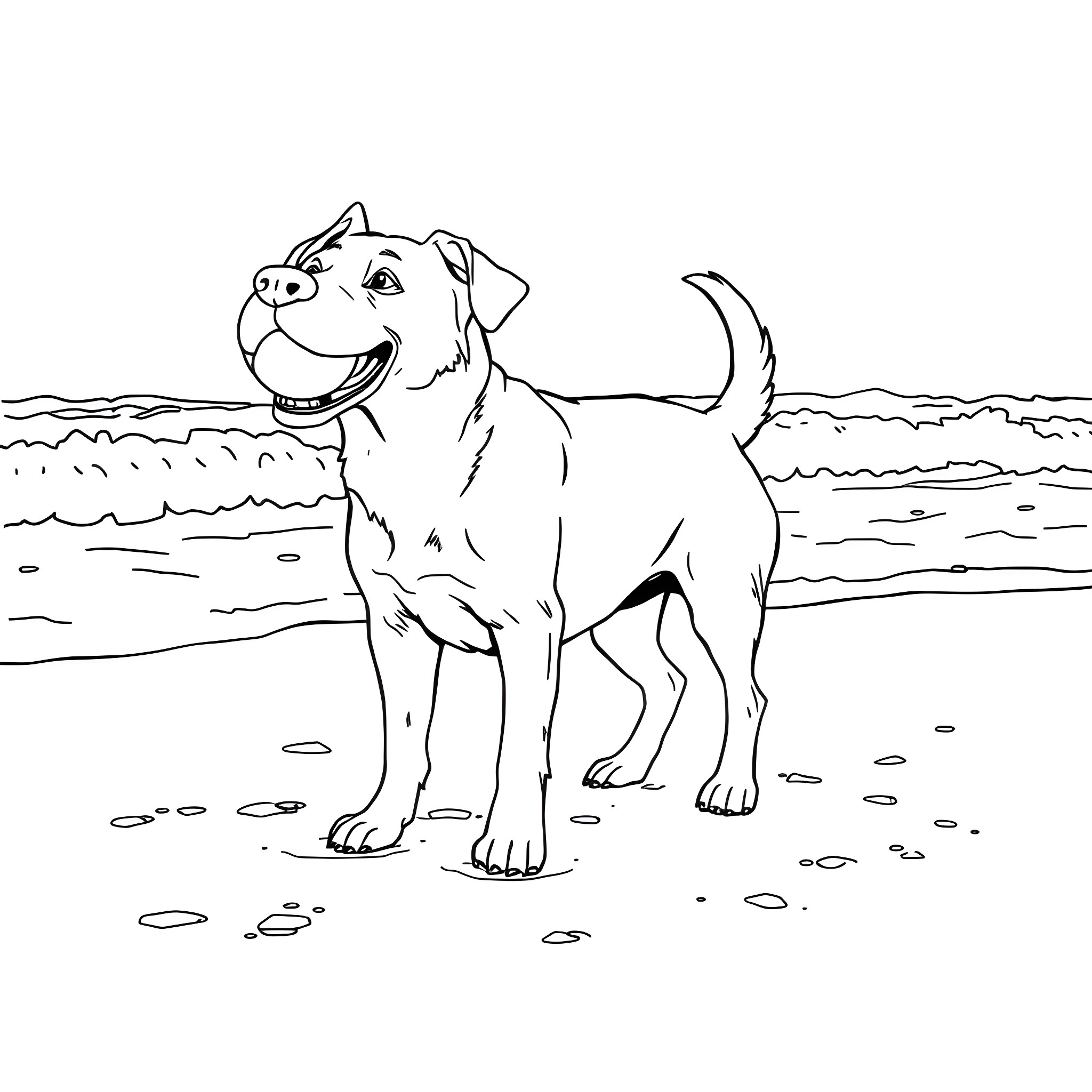 Dog playing happily on the beach Coloring Page (free black-and-white line drawing printable PDF for all, from beginners to advanced learners, including children, teens, adults, and seniors)