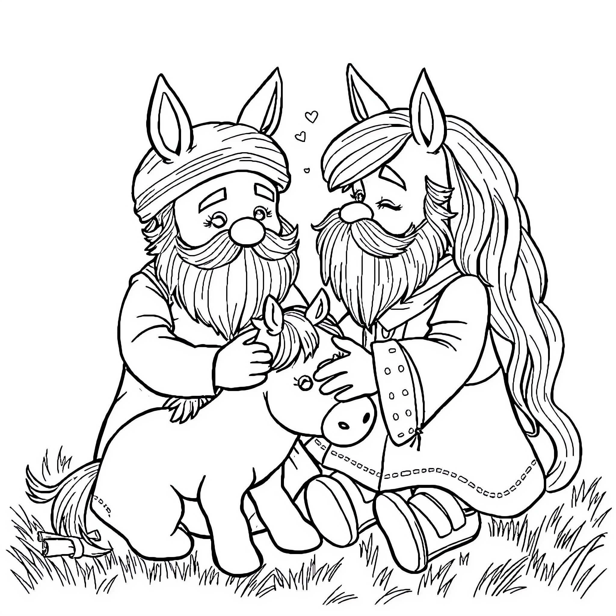 Doll-like gnomes embracing a unicorn Coloring Page (free black-and-white line drawing printable PDF for all, from beginners to advanced learners, including children, teens, adults, and seniors)