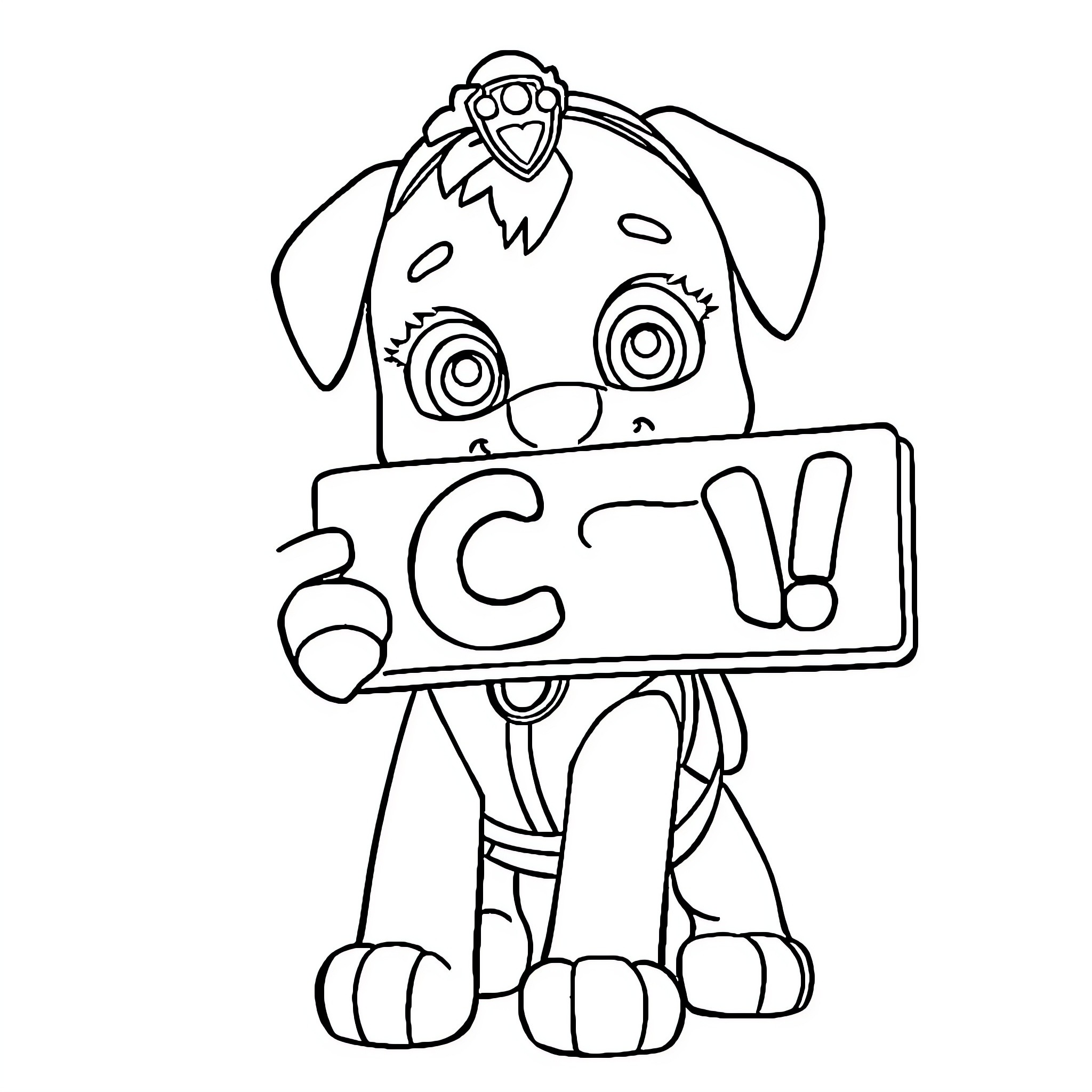 Sky Puppy Holding Sign with Playful Expression Coloring Page (free black-and-white line drawing printable PDF for all, from beginners to advanced learners, including children, teens, adults, and seniors)