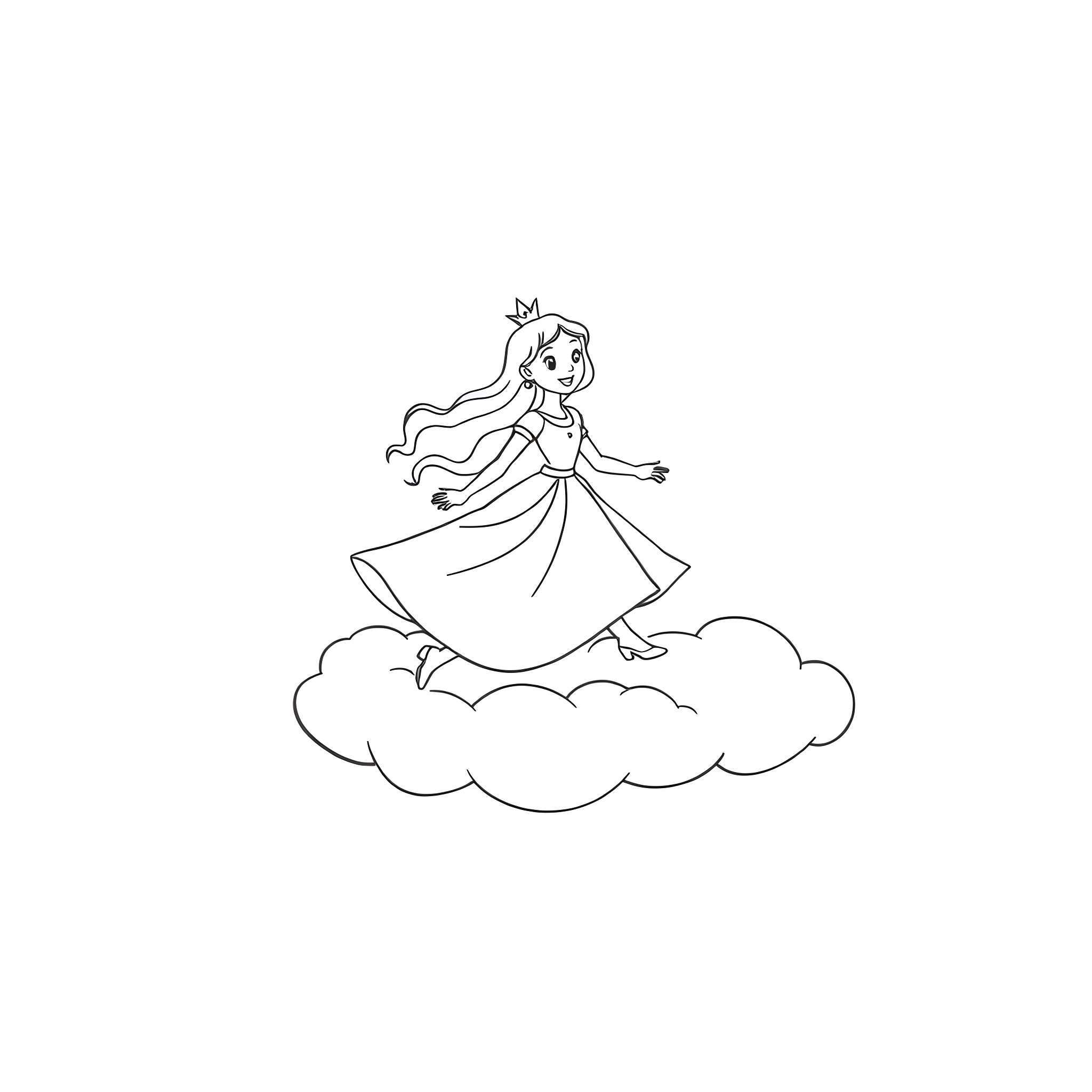 Princess dancing on the clouds Coloring Page (free black-and-white line drawing printable PDF for all, from beginners to advanced learners, including children, teens, adults, and seniors)