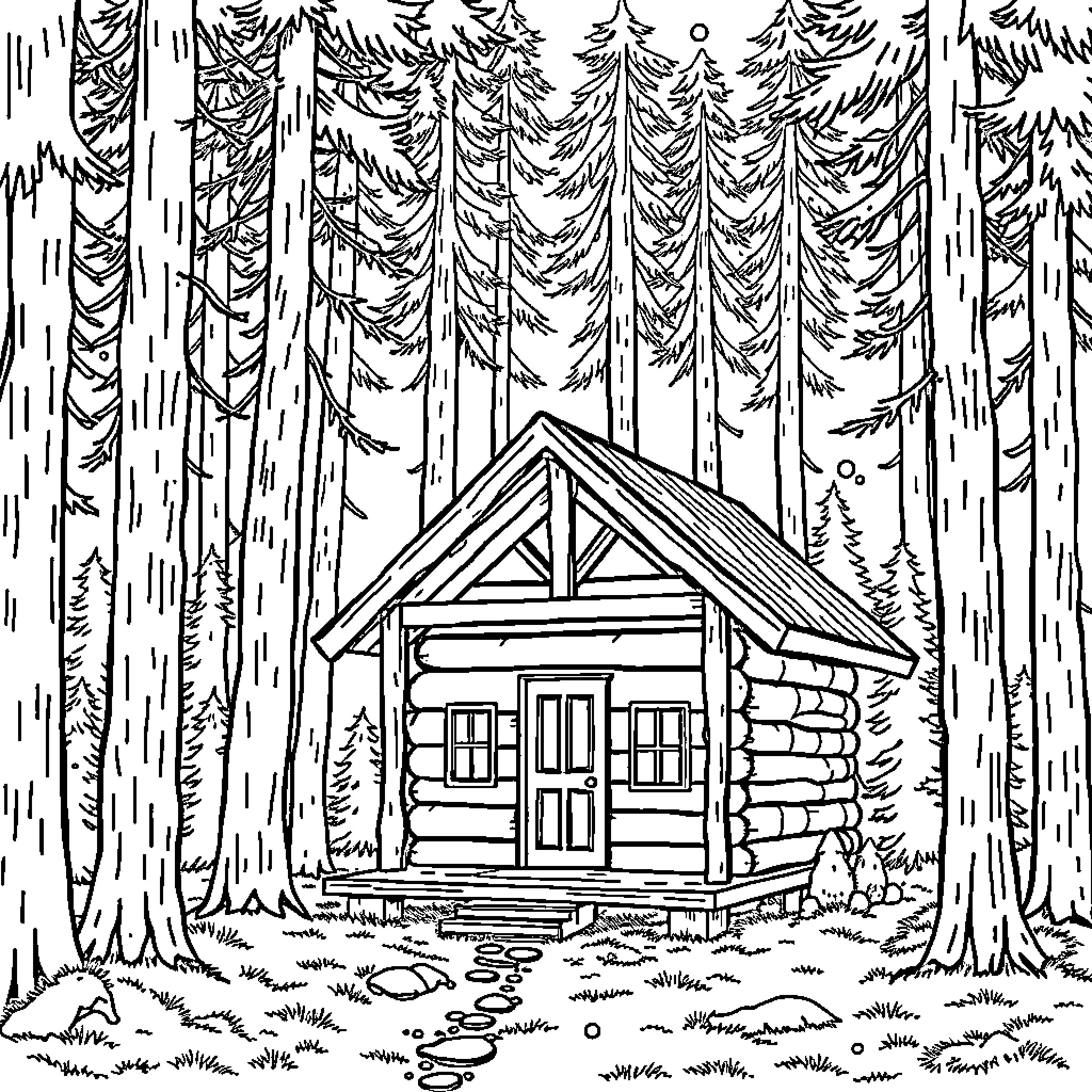 Cabin in the Wintery Woodland Coloring Page (free black-and-white line drawing printable PDF for all, from beginners to advanced learners, including children, teens, adults, and seniors)