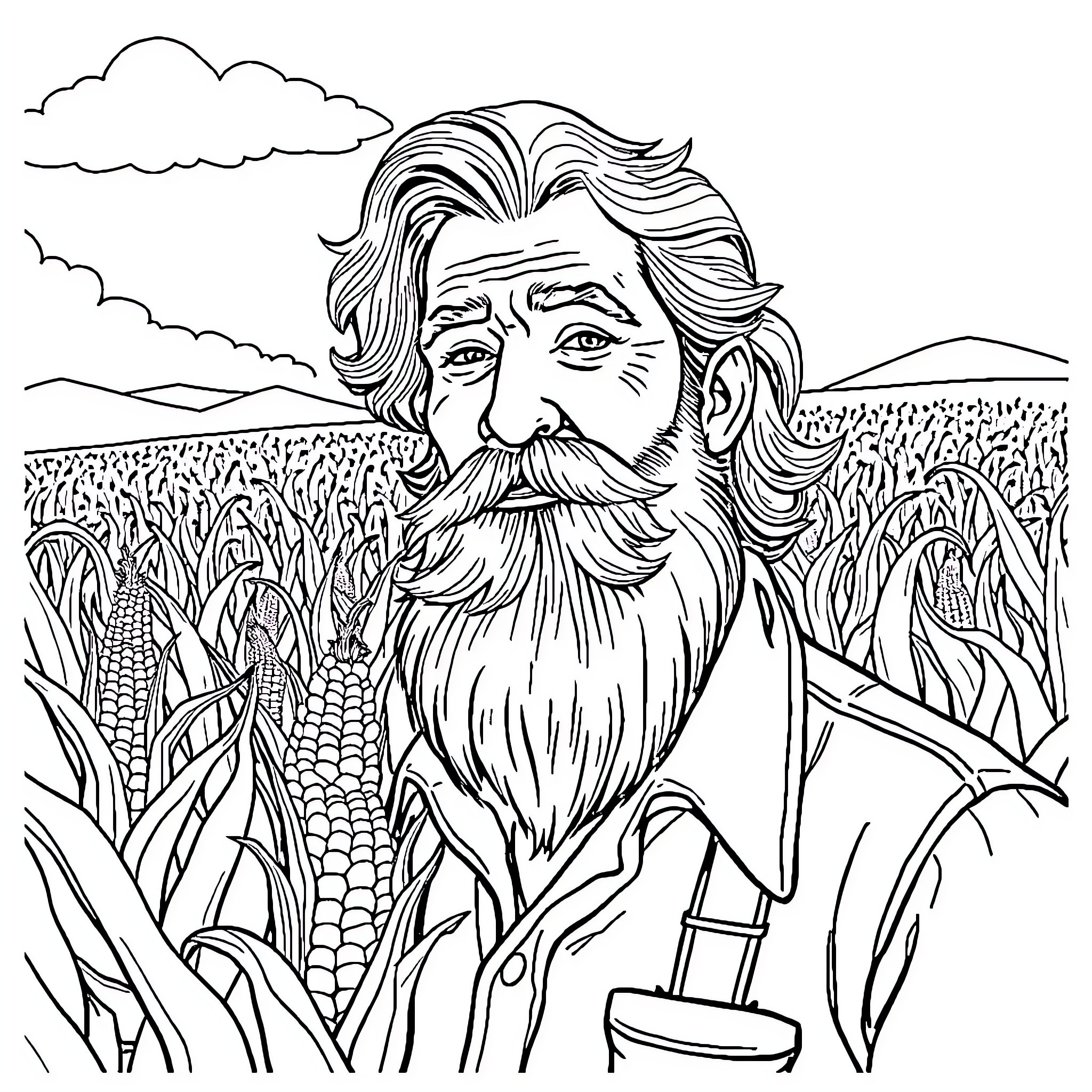 Dad in the cornfield with his tools Coloring Page (free black-and-white line drawing printable PDF for all, from beginners to advanced learners, including children, teens, adults, and seniors)