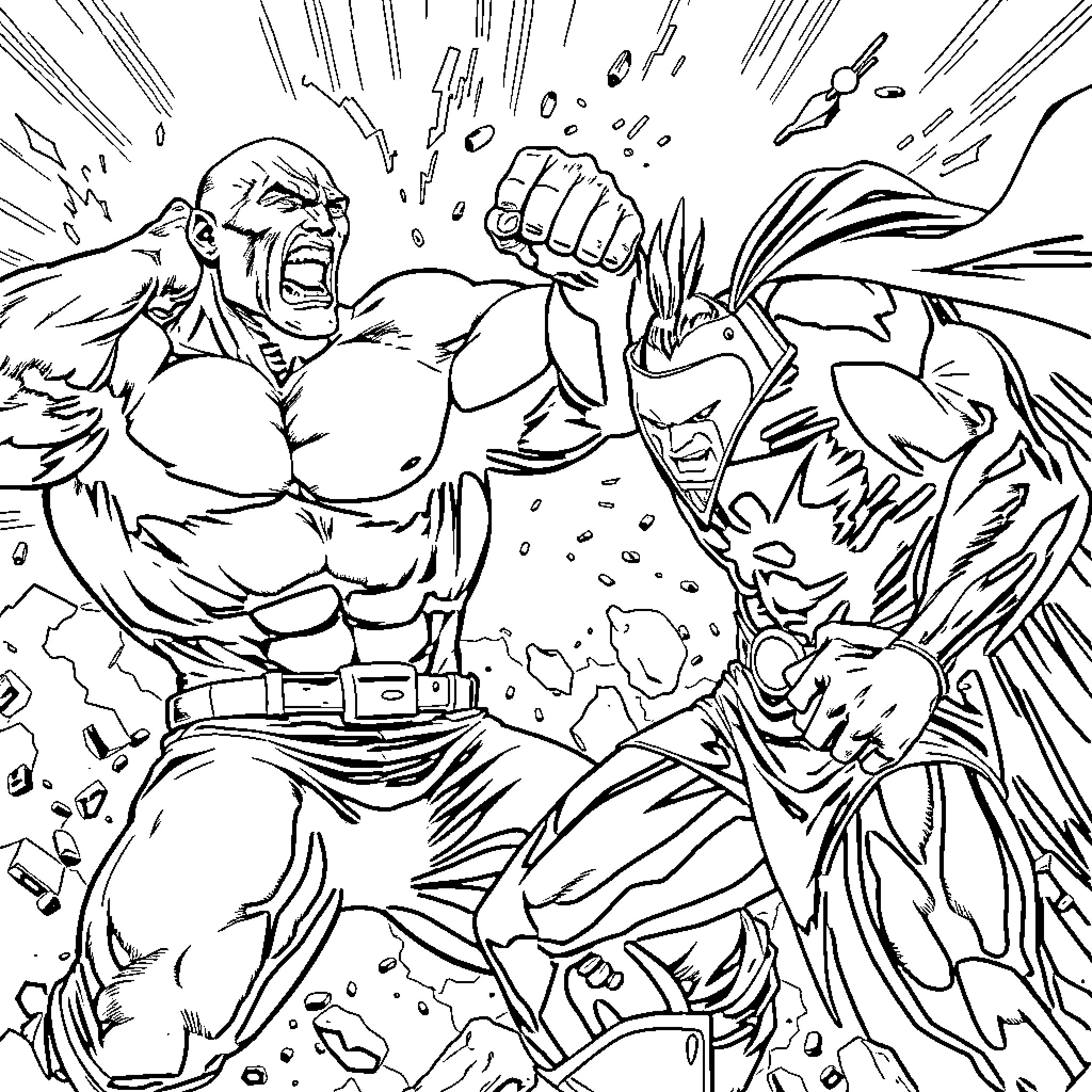 Rock 'Em Sock 'Em Heroes Clash in Epic Battle Coloring Page (free black-and-white line drawing printable PDF for all, from beginners to advanced learners, including children, teens, adults, and seniors)
