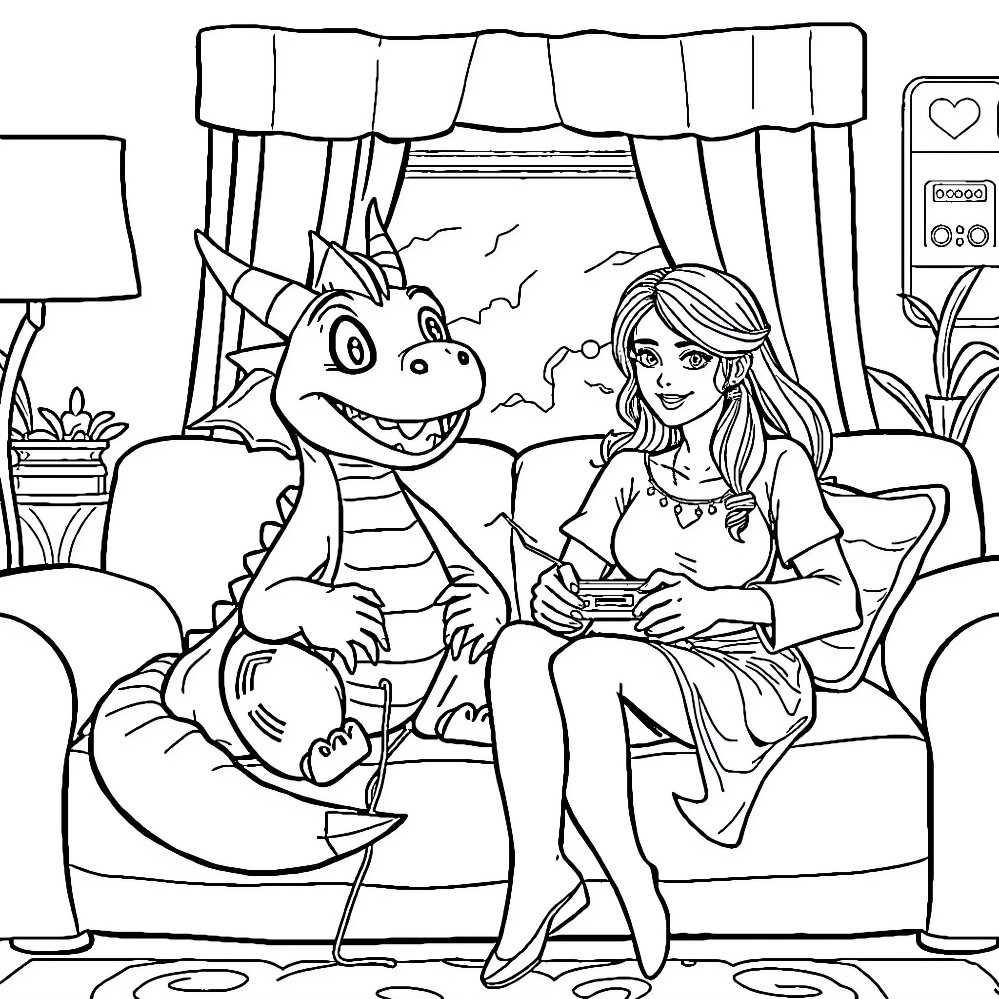 Dragon Companion Relaxing with Young Woman Coloring Page (free black-and-white line drawing printable PDF for all, from beginners to advanced learners, including children, teens, adults, and seniors)