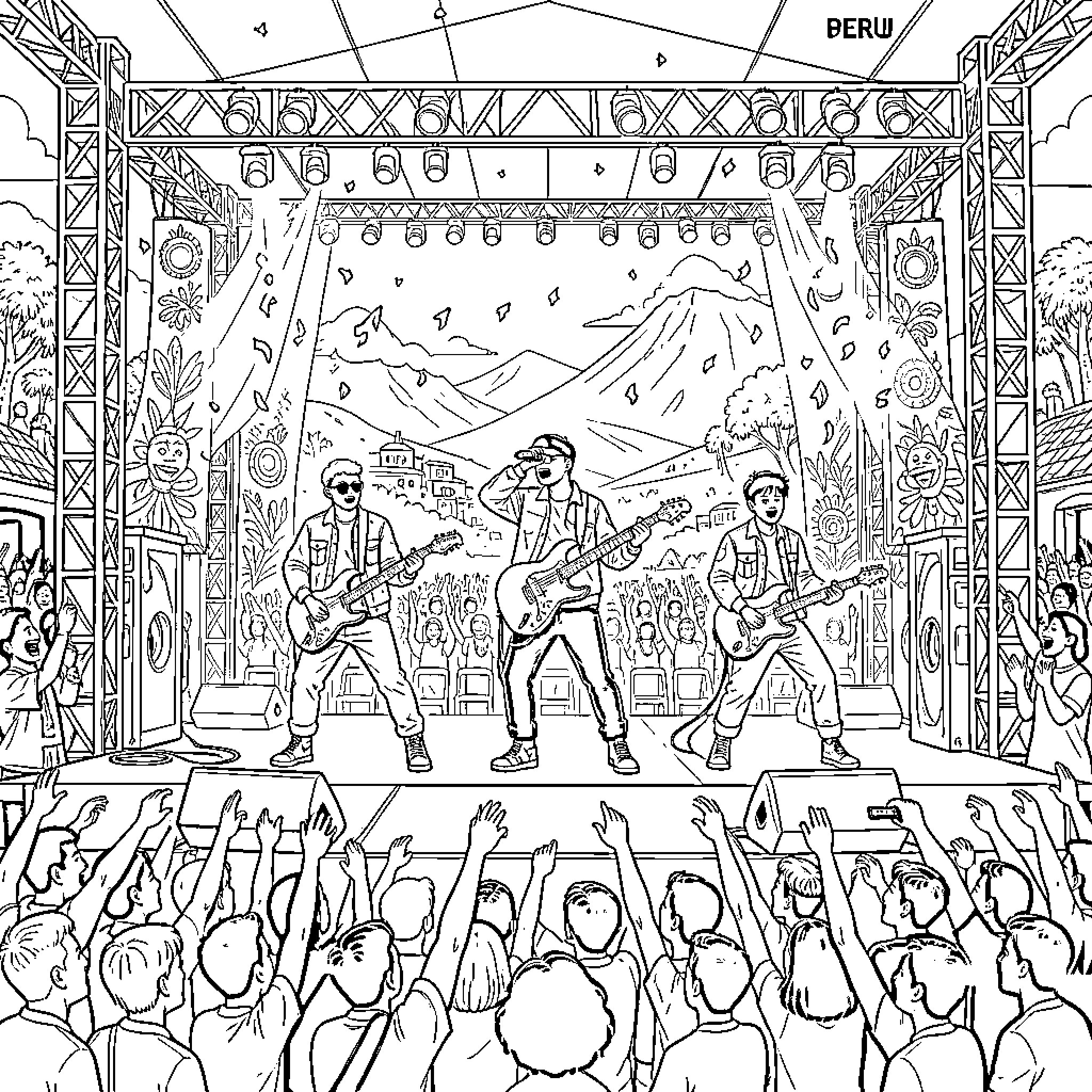 BTS rock band performing energetic music on stage Coloring Page (free black-and-white line drawing printable PDF for all, from beginners to advanced learners, including children, teens, adults, and seniors)