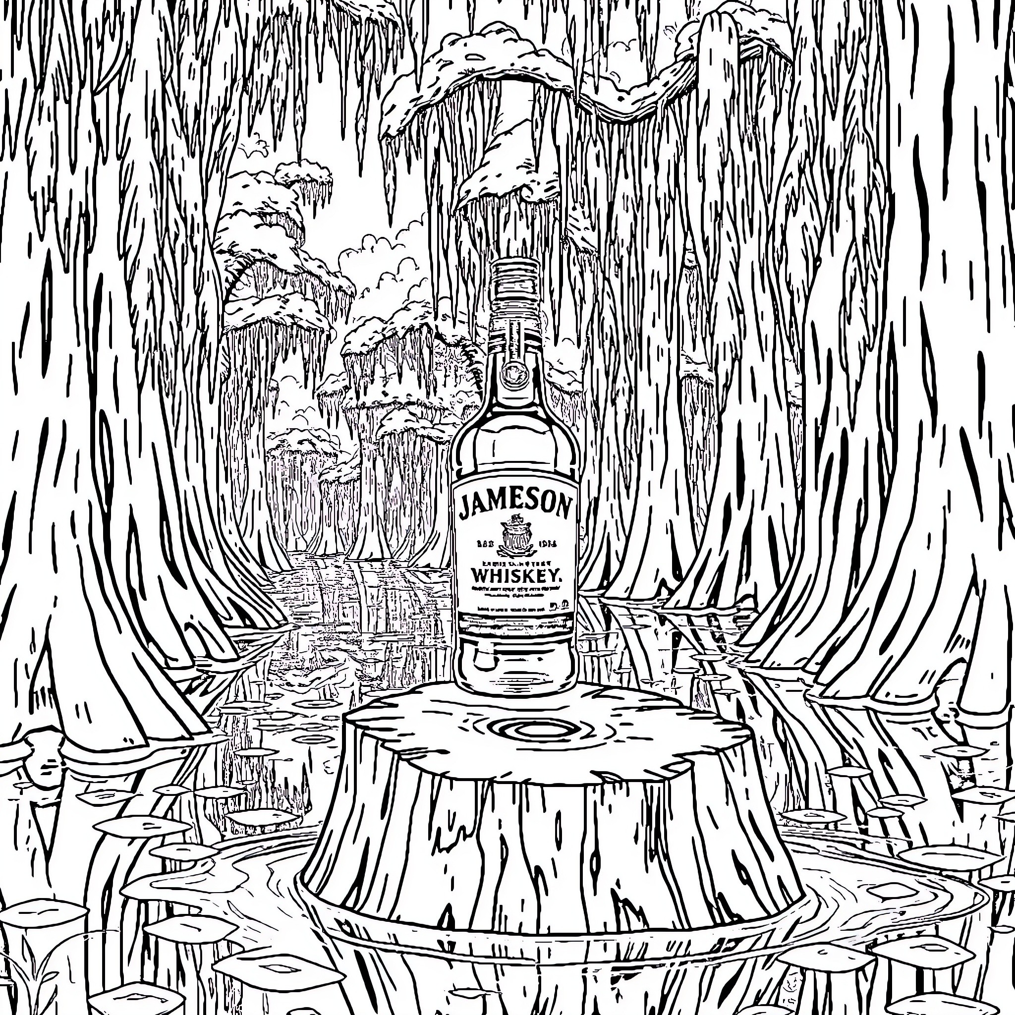 Whiskey Journey Through Enchanted Forest Coloring Page (free black-and-white line drawing printable PDF for all, from beginners to advanced learners, including children, teens, adults, and seniors)