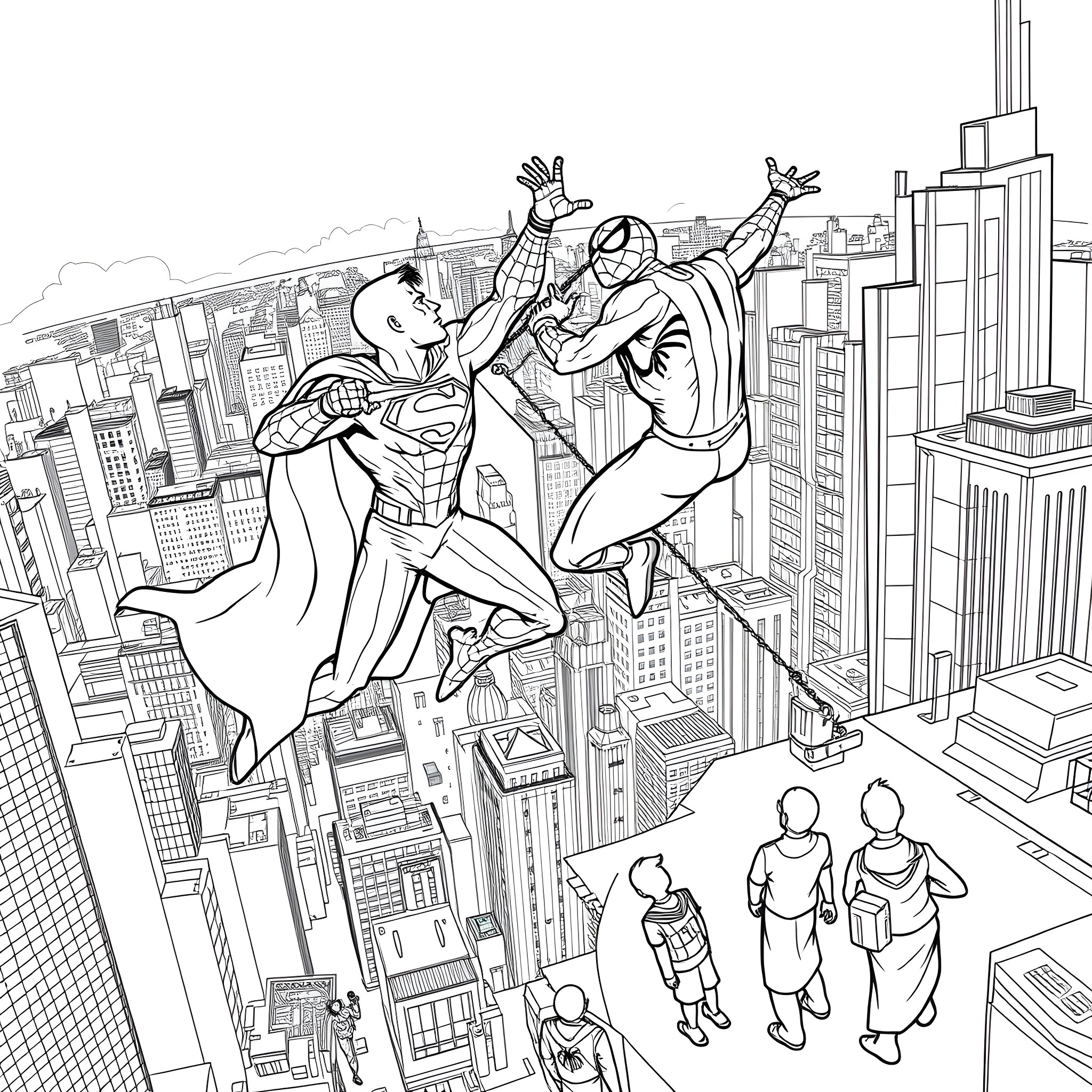 Superman saves the day in the big city Coloring Page (free black-and-white line drawing printable PDF for all, from beginners to advanced learners, including children, teens, adults, and seniors)