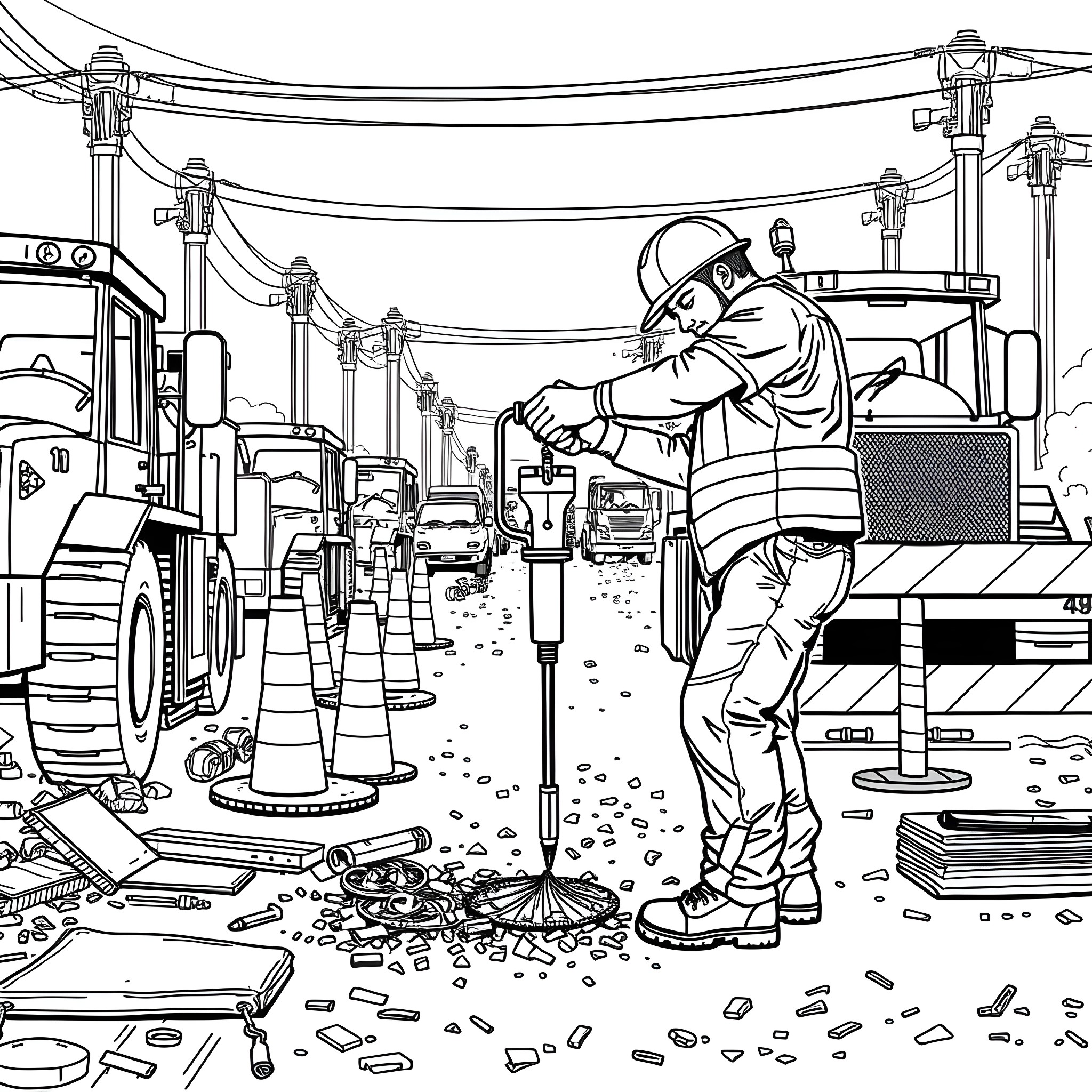 Jackhammer operator breaking ground on construction site Coloring Page (free black-and-white line drawing printable PDF for all, from beginners to advanced learners, including children, teens, adults, and seniors)