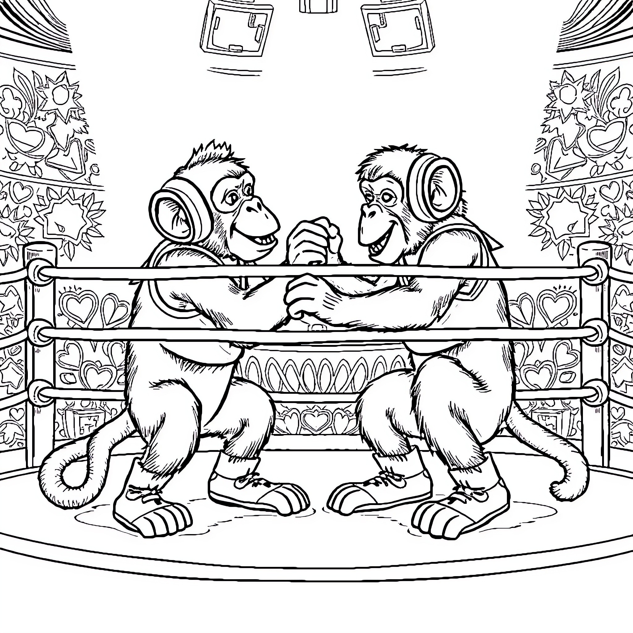 Monkey Wrestling in Colourful Arena Coloring Page (free black-and-white line drawing printable PDF for all, from beginners to advanced learners, including children, teens, adults, and seniors)