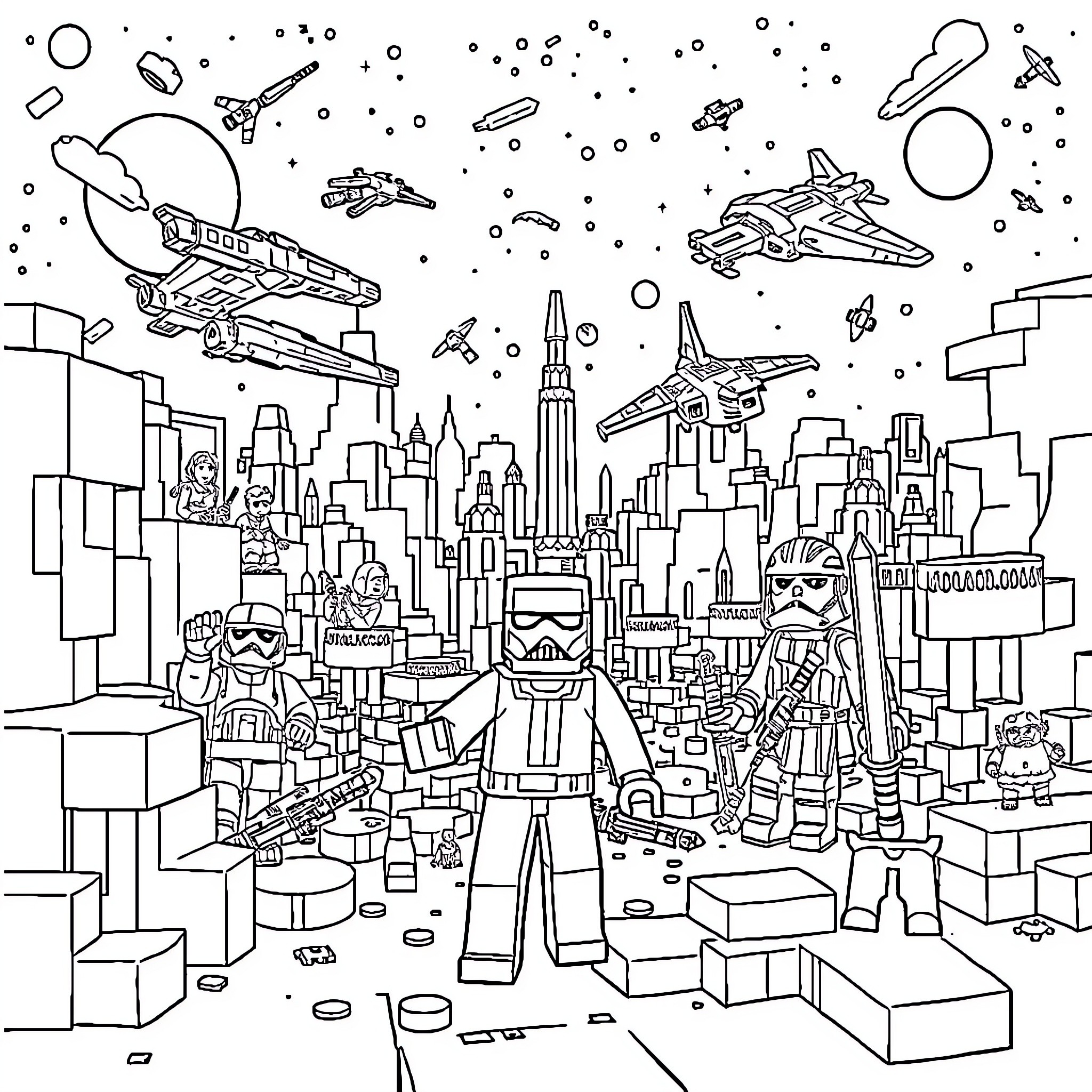 Minecraft Characters in Futuristic Cityscape Coloring Page (free black-and-white line drawing printable PDF for all, from beginners to advanced learners, including children, teens, adults, and seniors)