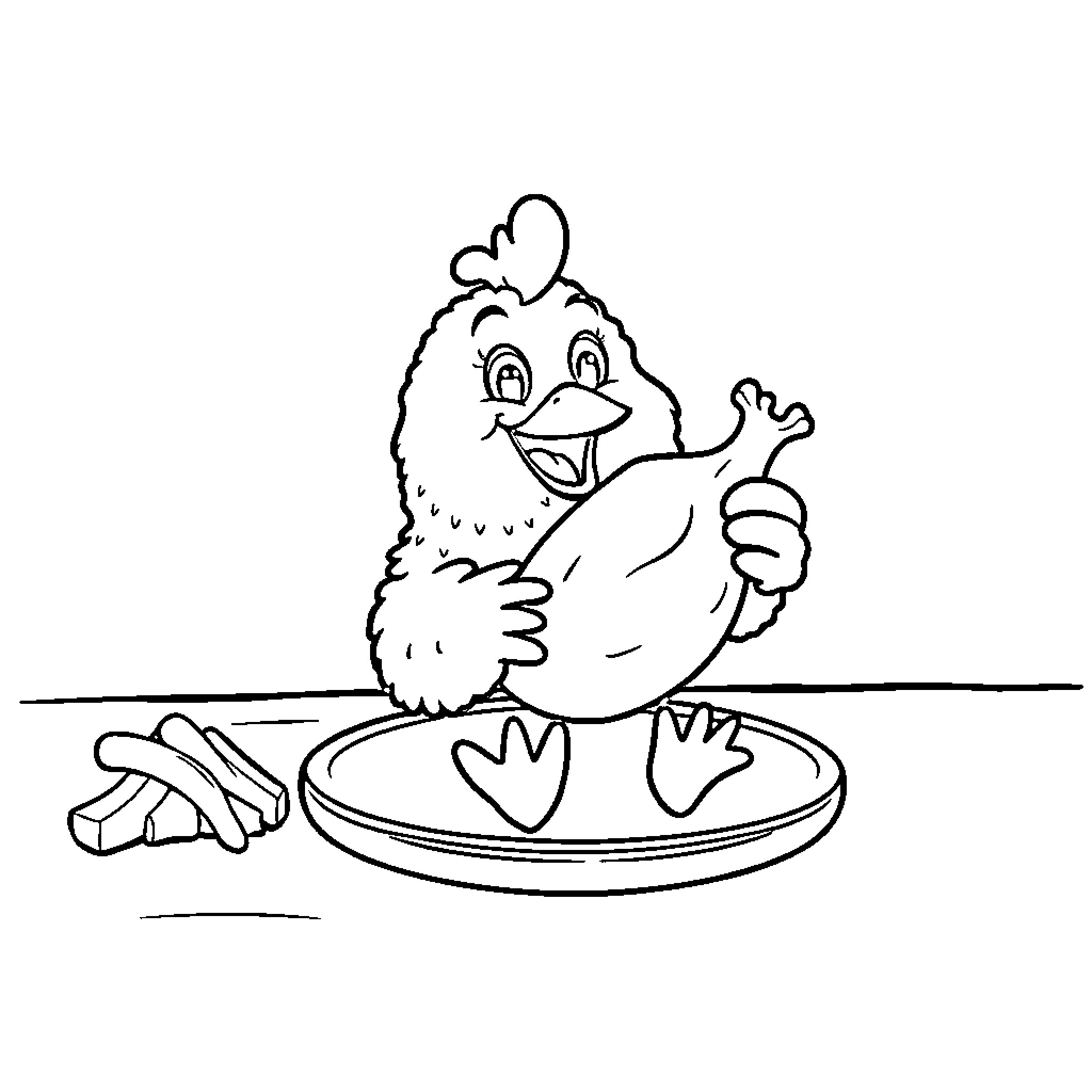 Chicken happily eating food on a plate Coloring Page (free black-and-white line drawing printable PDF for all, from beginners to advanced learners, including children, teens, adults, and seniors)